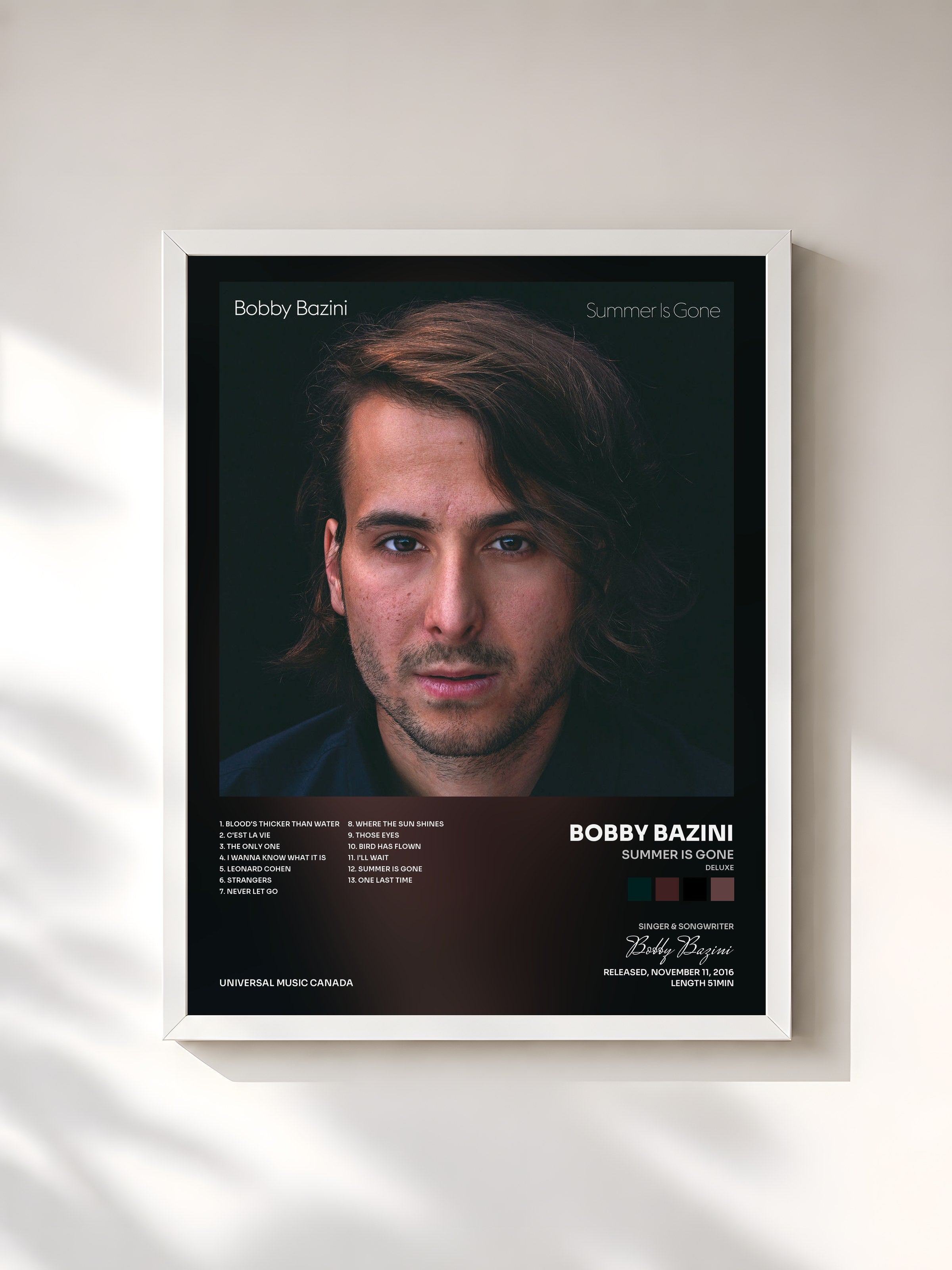 #blanc Tableau de l'album Summer Is Gone (Deluxe) de Bobby Bazini, cadre blanc, imprimé et encadré en France