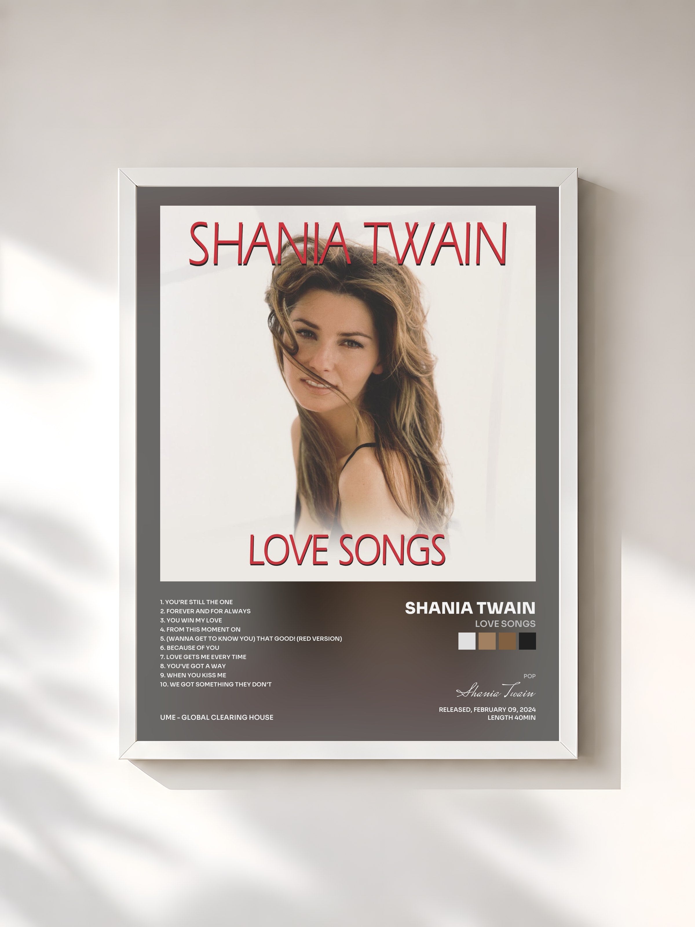 #blanc Tableau de l'album Love Songs de Shania Twain, cadre blanc, imprimé et encadré en France