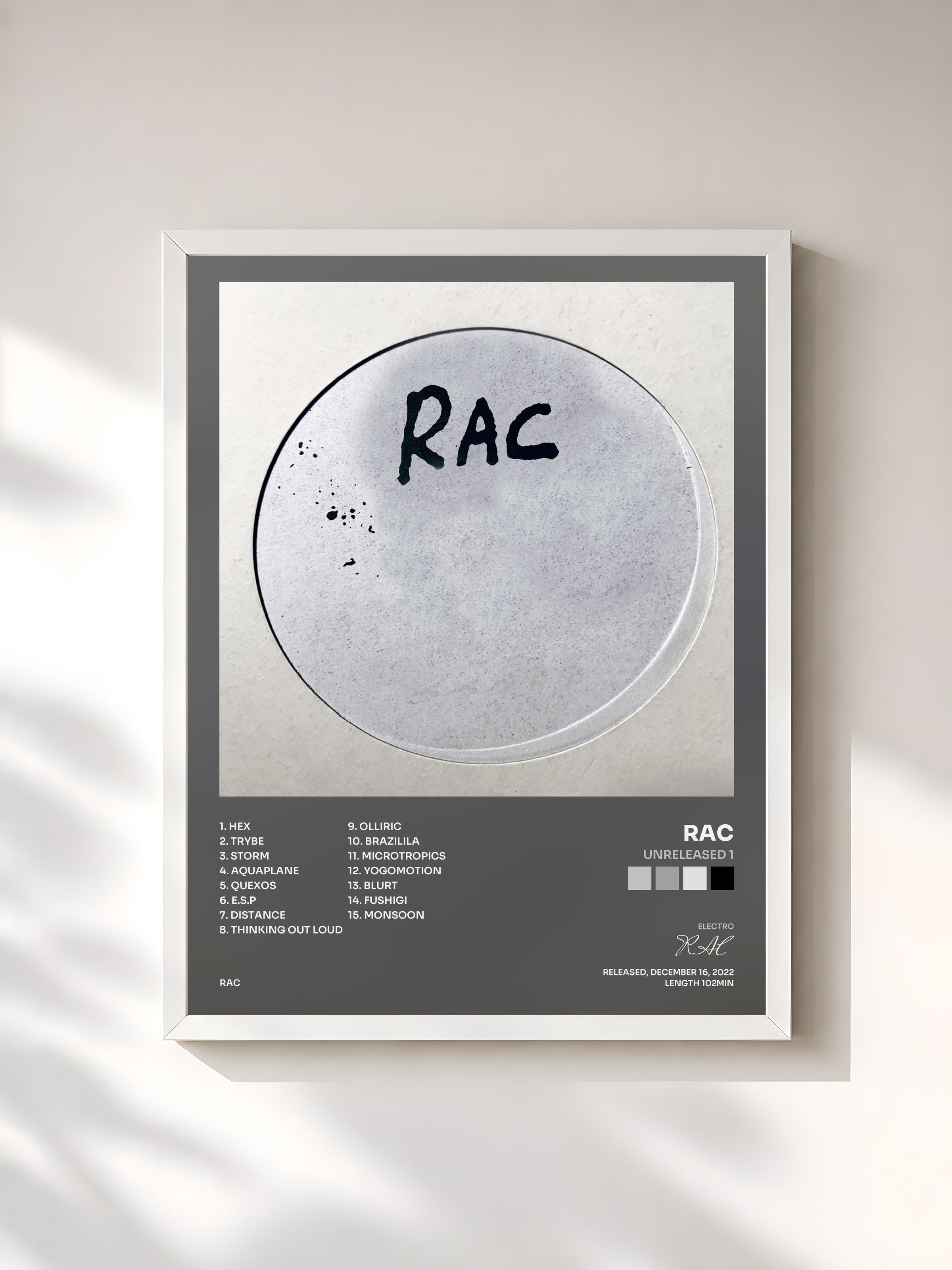 #blanc Tableau de l'album Unreleased 1 de RAC, cadre blanc, imprimé et encadré en France