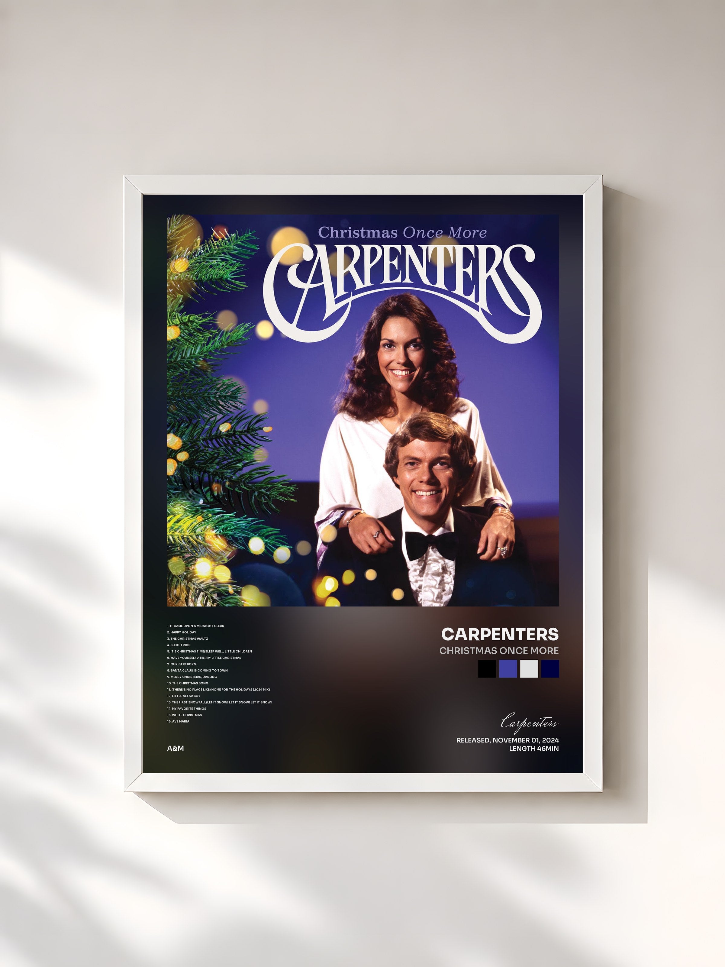 #blanc Tableau de l'album Christmas Once More de Carpenters, cadre blanc, imprimé et encadré en France