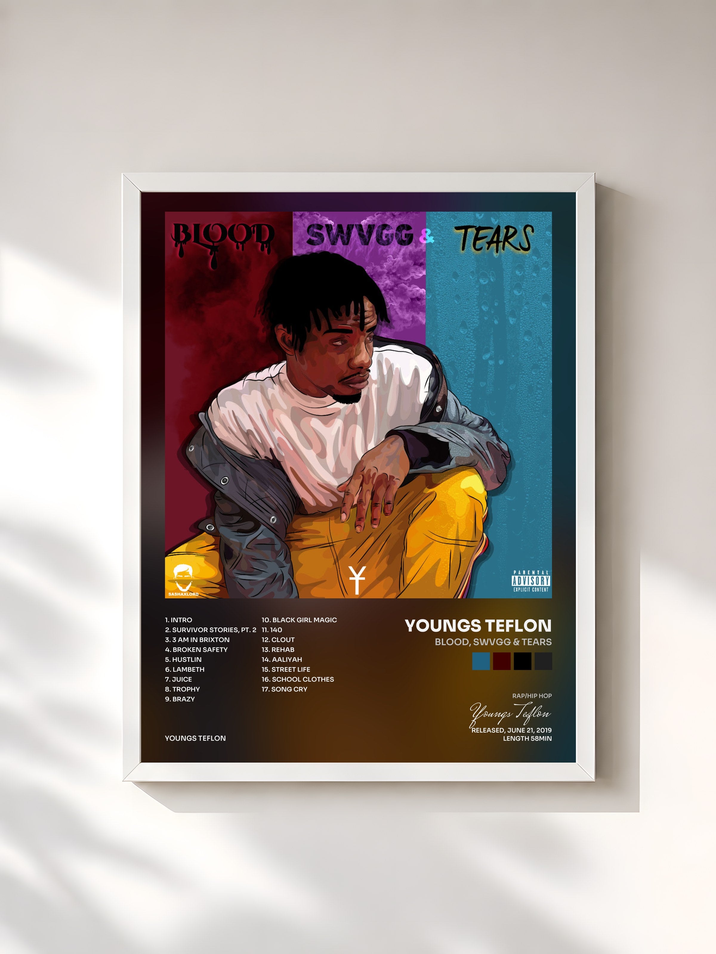 #blanc Tableau de l'album Blood, Swvgg & Tears de Youngs Teflon, cadre blanc, imprimé et encadré en France