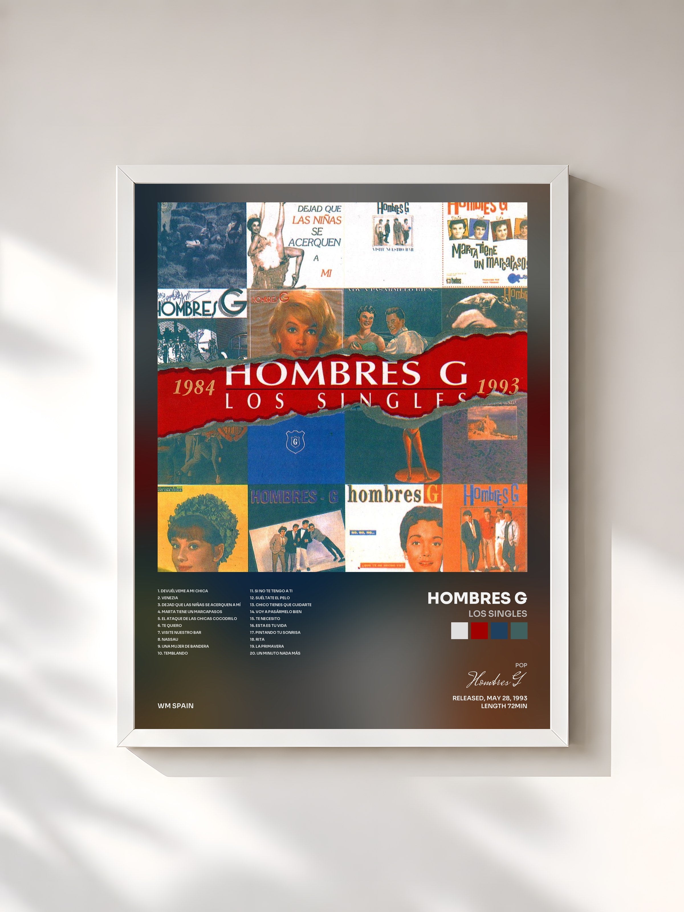 #blanc Tableau de l'album Los Singles de Hombres G, cadre blanc, imprimé et encadré en France