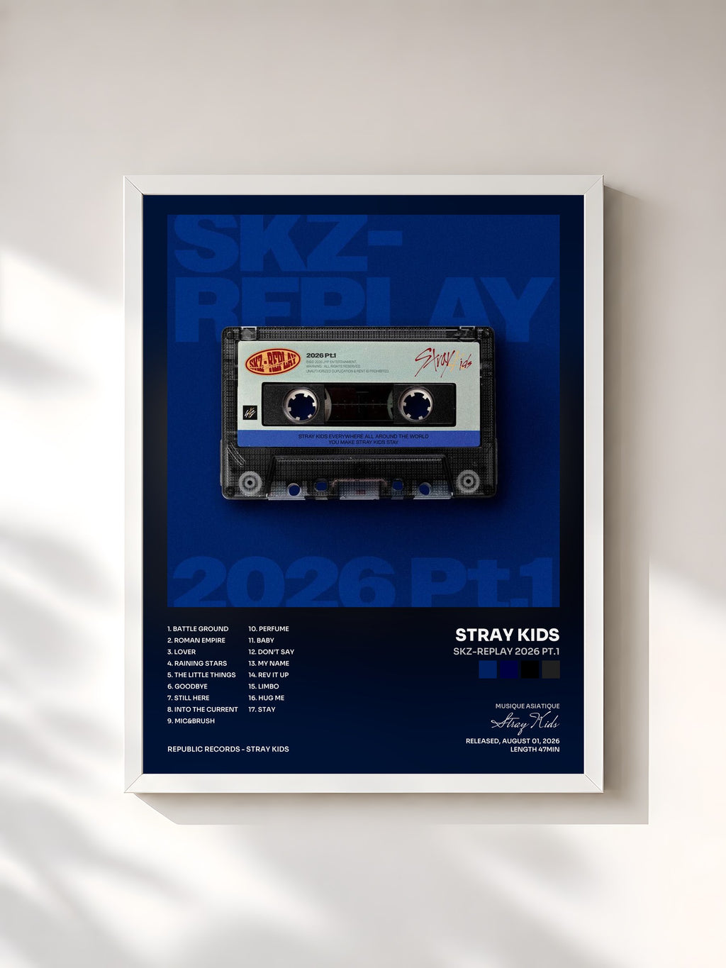 #blanc Tableau de l'album SKZ-REPLAY 2026 Pt.1 de Stray Kids, cadre blanc, imprimé et encadré en France