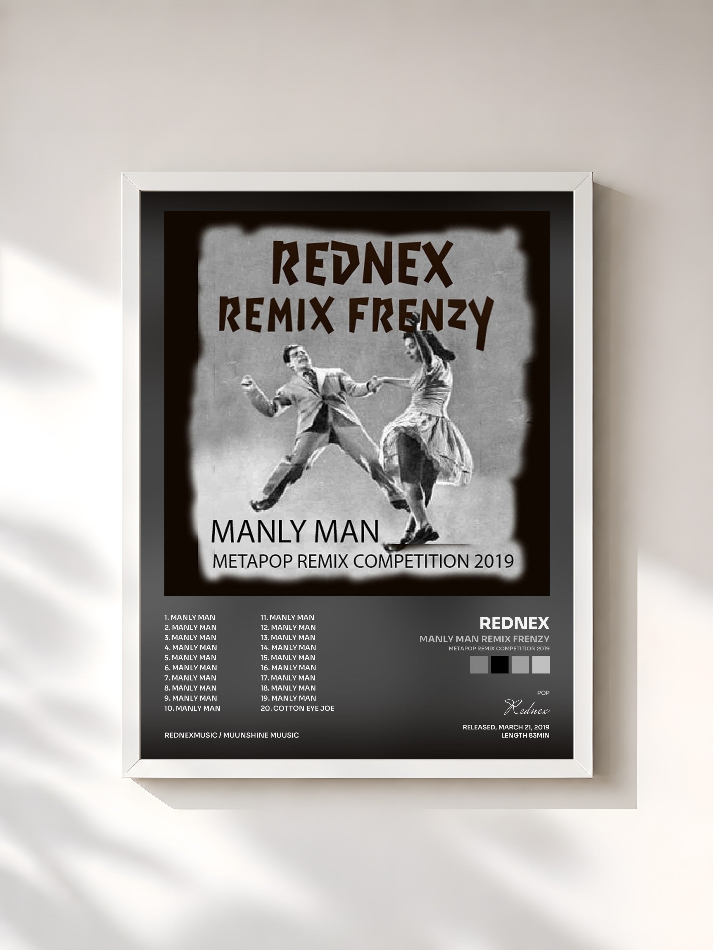 #blanc Tableau de l'album Manly Man Remix Frenzy (Metapop Remix Competition 2019) de Rednex, cadre blanc, imprimé et encadré en France