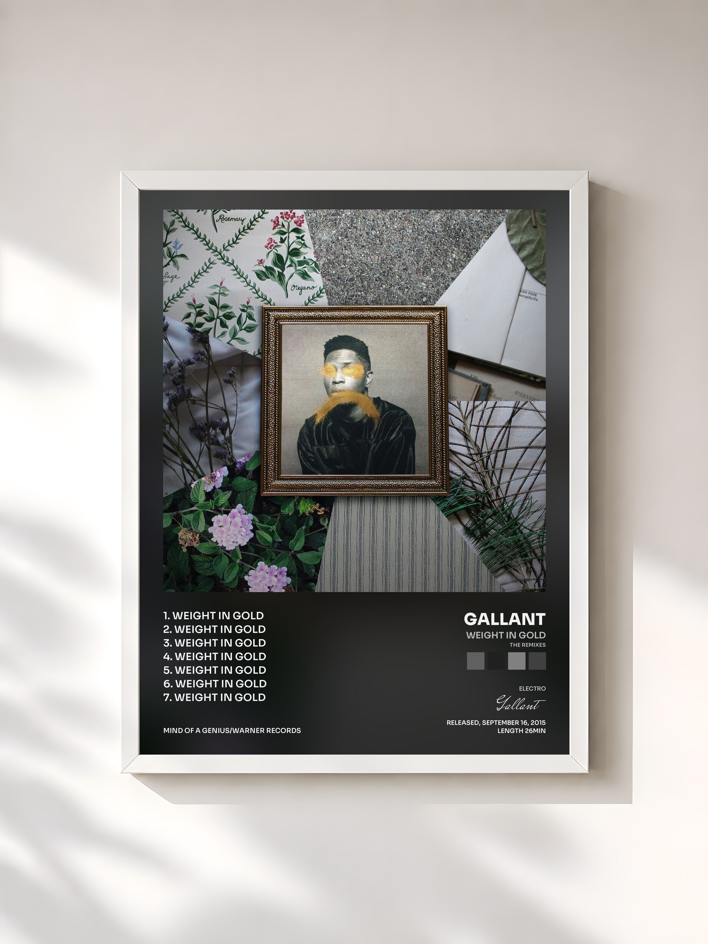 #blanc Tableau de l'album Weight in Gold (The Remixes) de Gallant, cadre blanc, imprimé et encadré en France