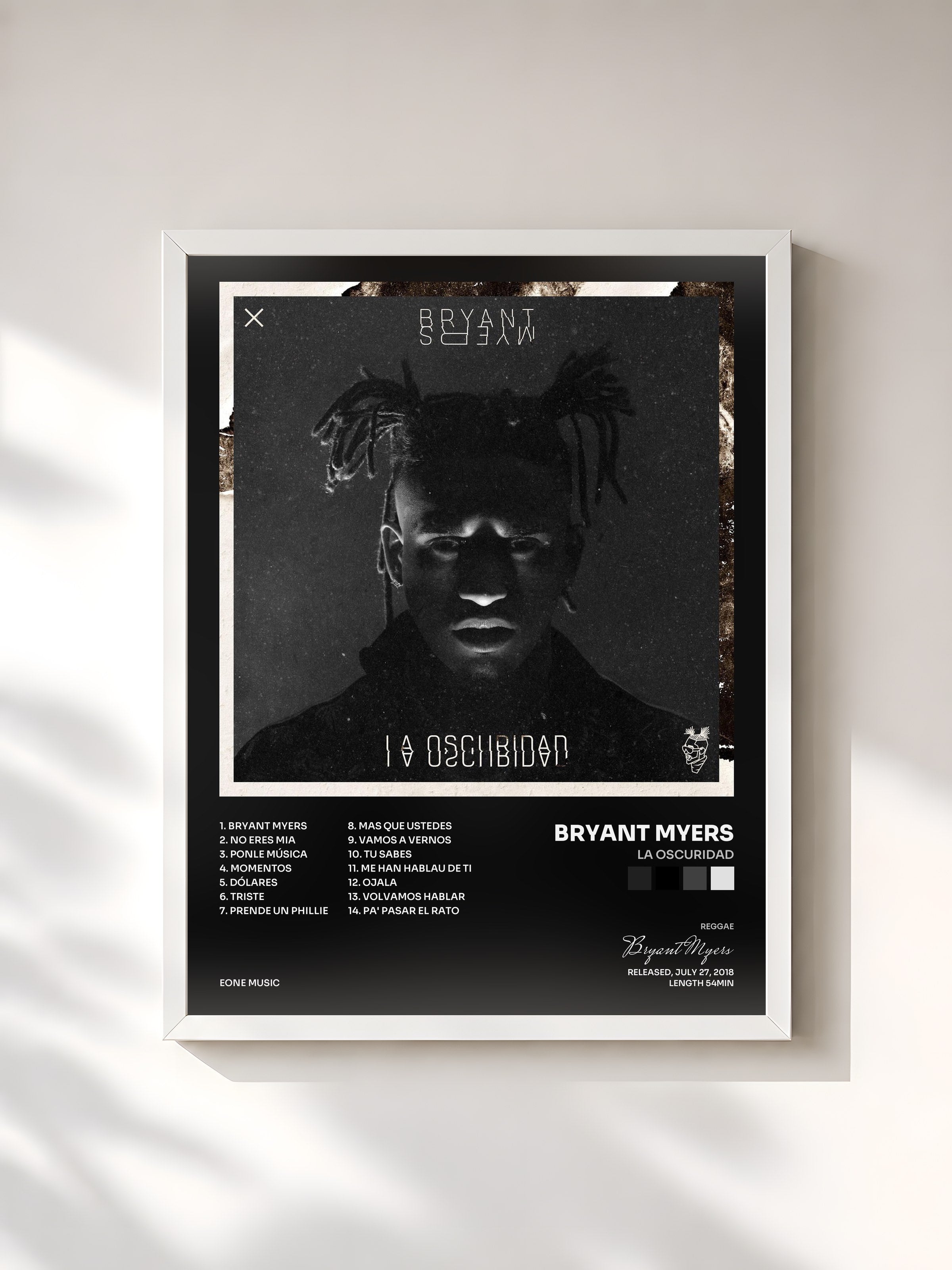 #blanc Tableau de l'album La Oscuridad de Bryant Myers, cadre blanc, imprimé et encadré en France