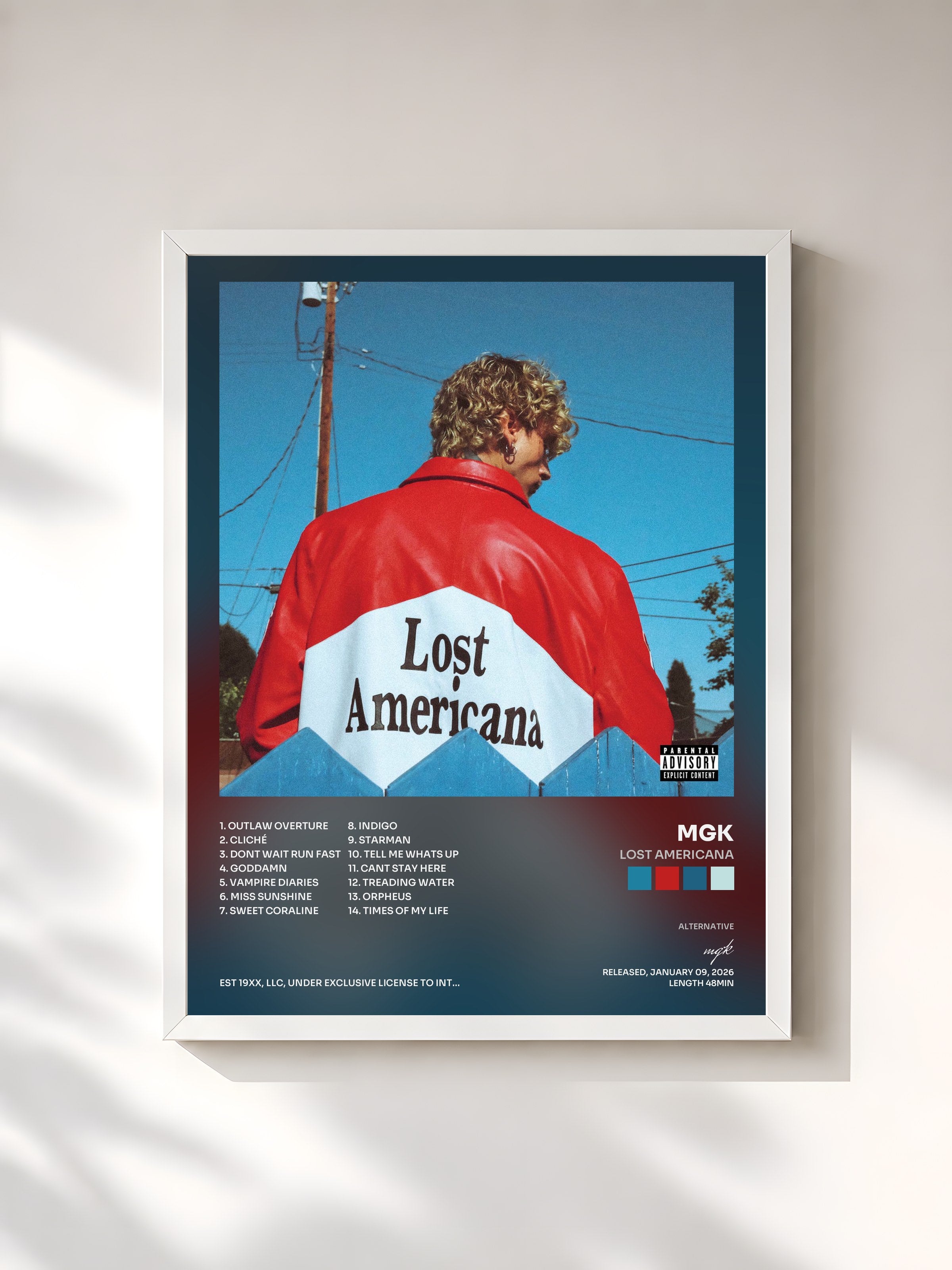 #blanc Tableau de l'album lost americana de mgk, cadre blanc, imprimé et encadré en France