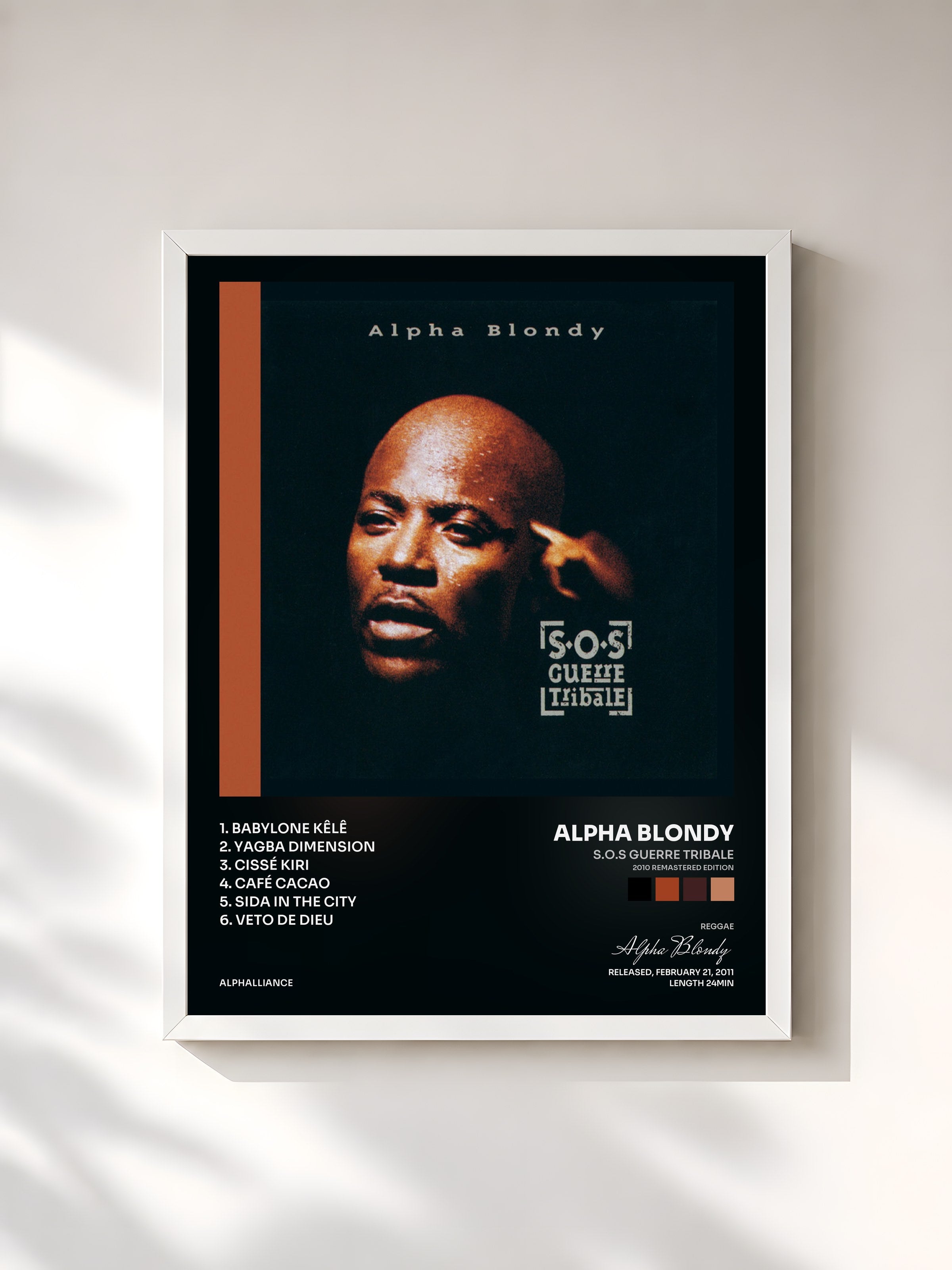 #blanc Tableau de l'album S.O.S guerre tribale (2010 Remastered Edition) de Alpha Blondy, cadre blanc, imprimé et encadré en France
