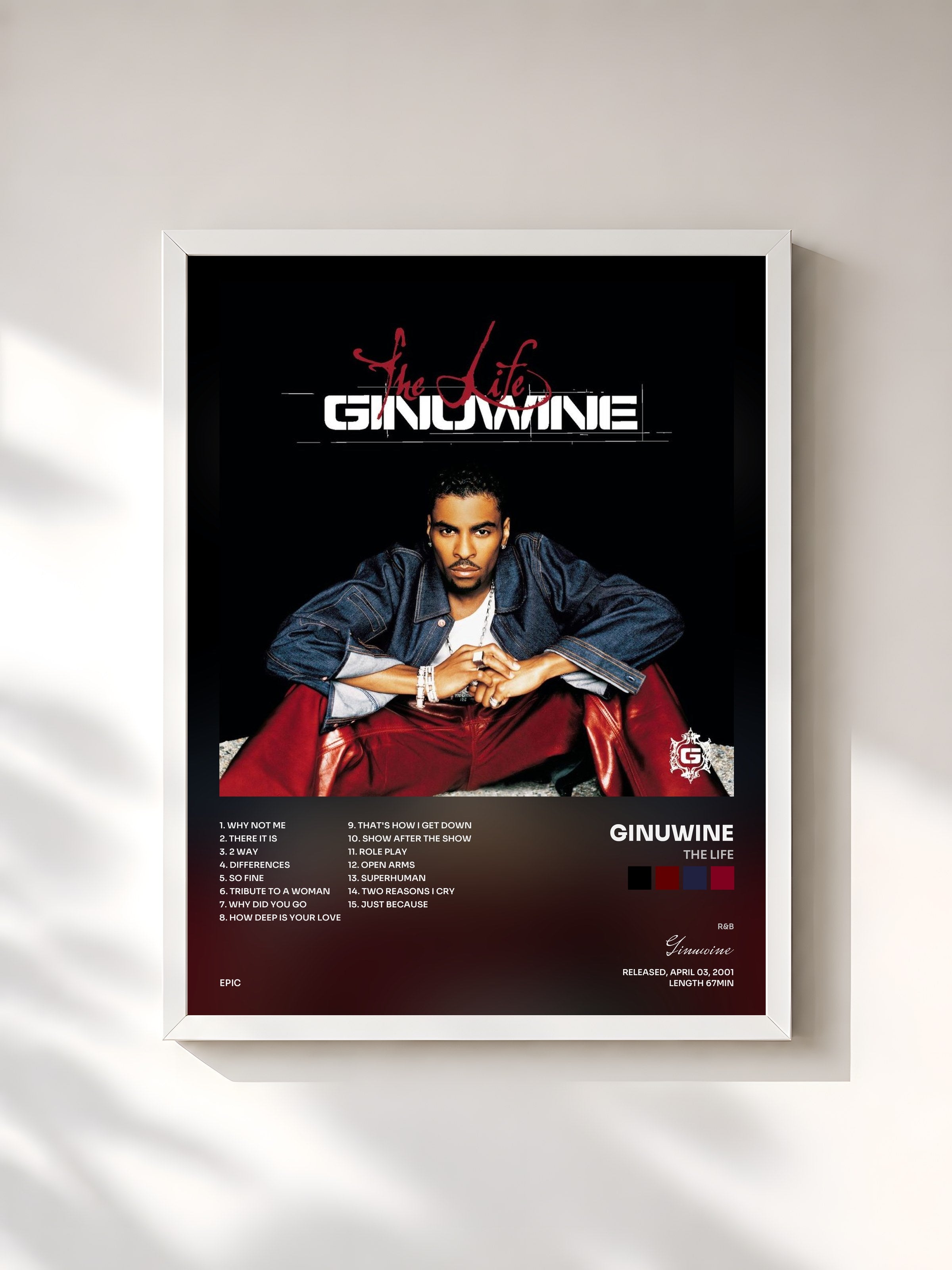 #blanc Tableau de l'album The Life de Ginuwine, cadre blanc, imprimé et encadré en France