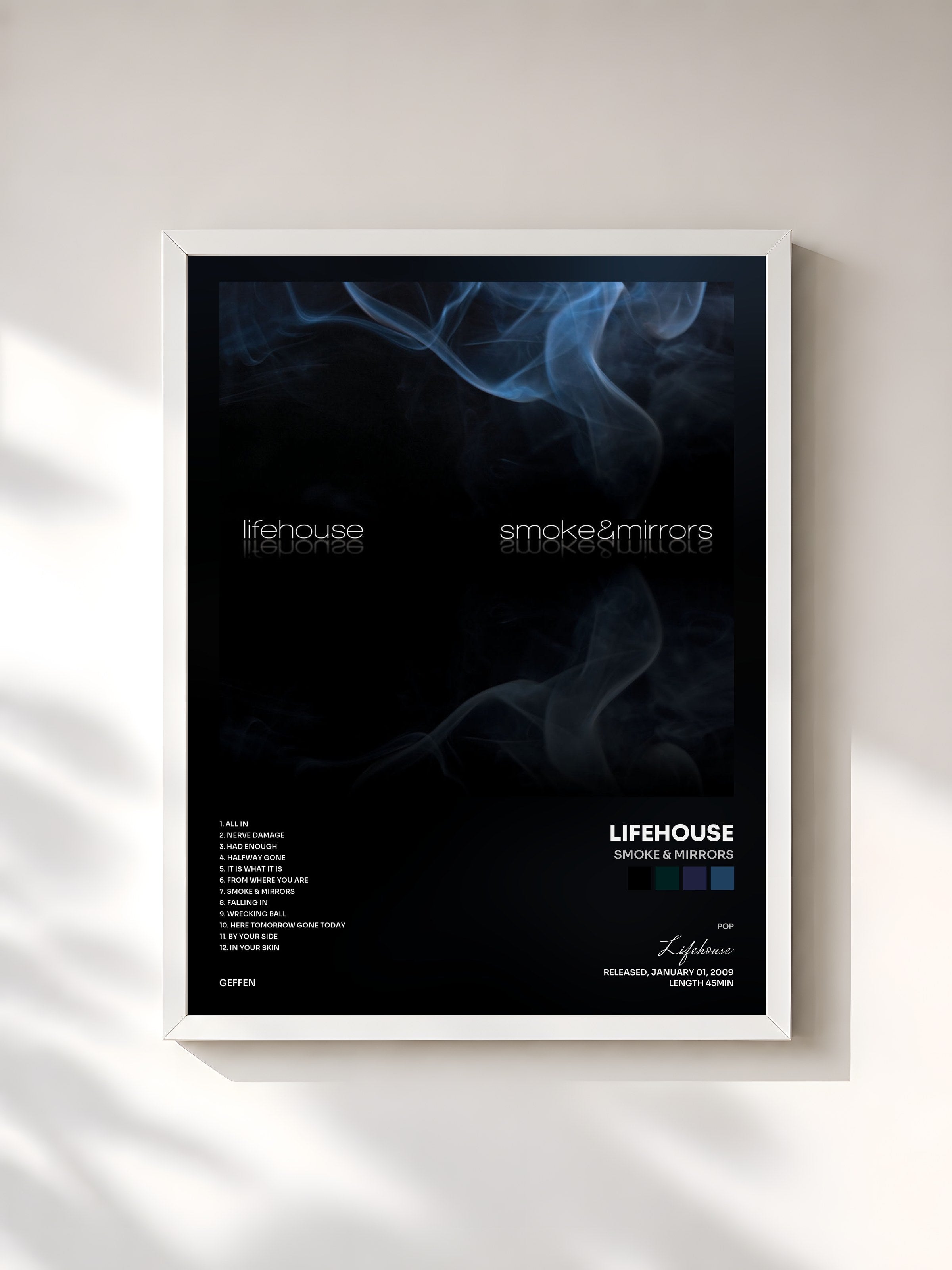 #blanc Tableau de l'album Smoke & Mirrors de Lifehouse, cadre blanc, imprimé et encadré en France