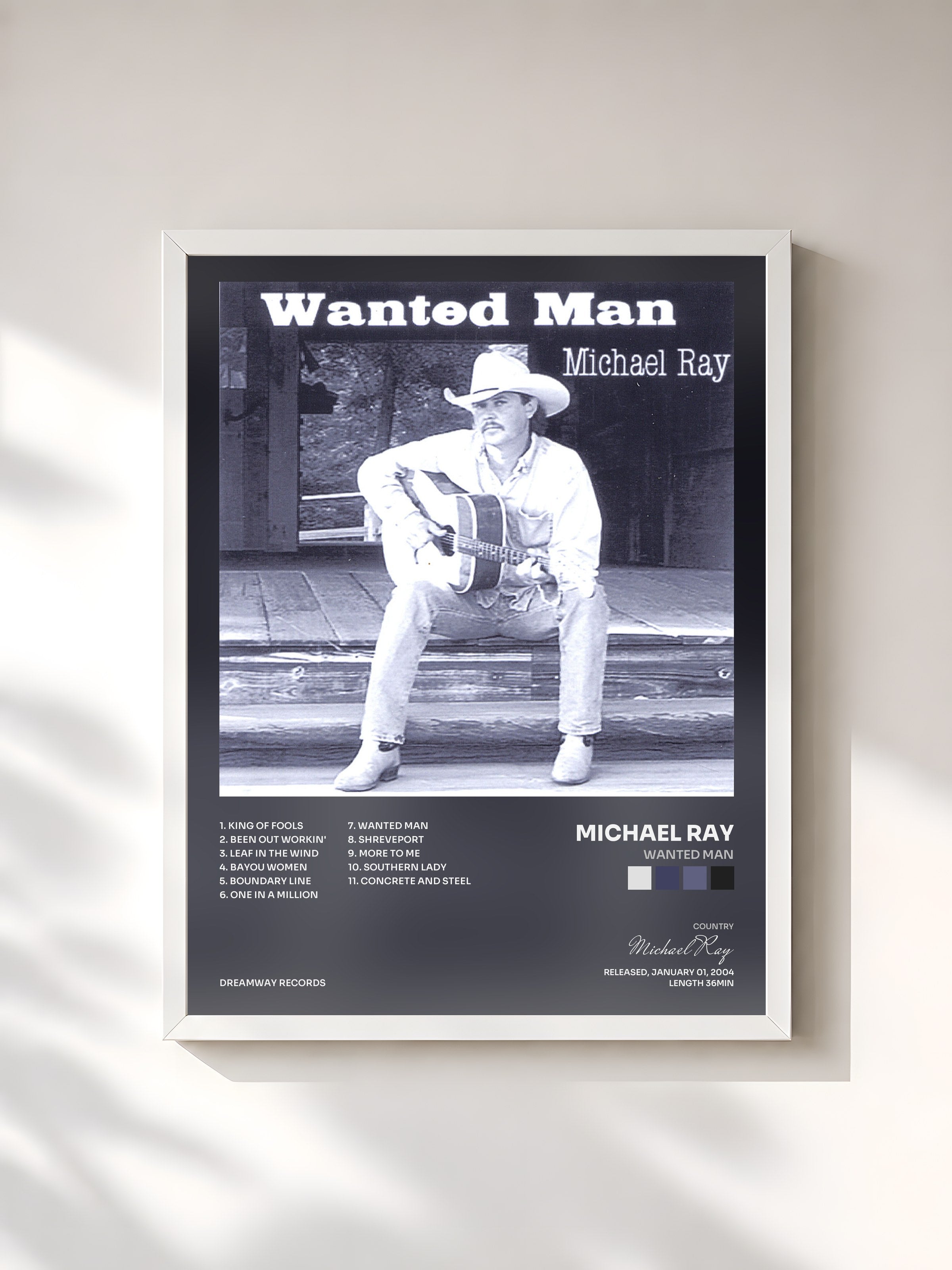 #blanc Tableau de l'album Wanted Man de Michael Ray, cadre blanc, imprimé et encadré en France