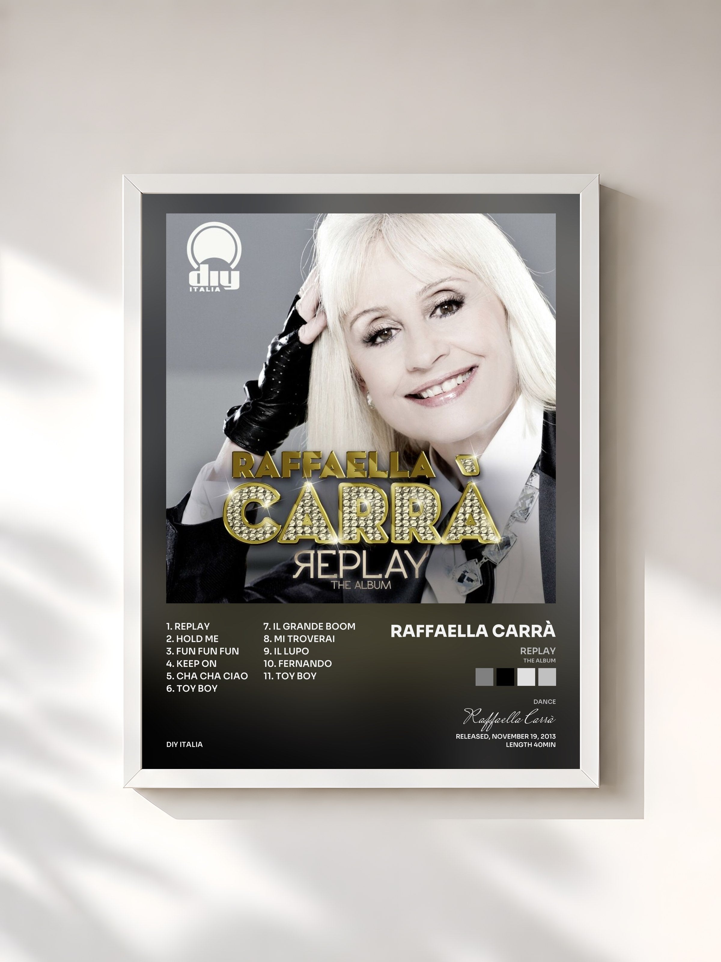 #blanc Tableau de l'album Replay (The Album) de Raffaella Carrà, cadre blanc, imprimé et encadré en France
