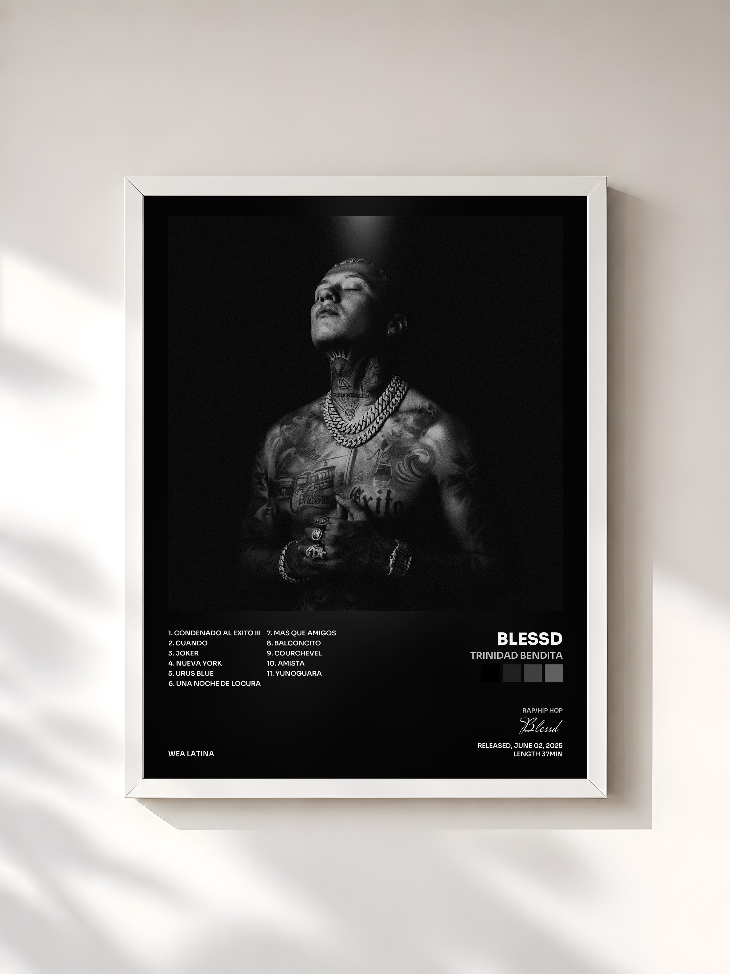 #blanc Tableau de l'album TRINIDAD BENDITA de Blessd, cadre blanc, imprimé et encadré en France