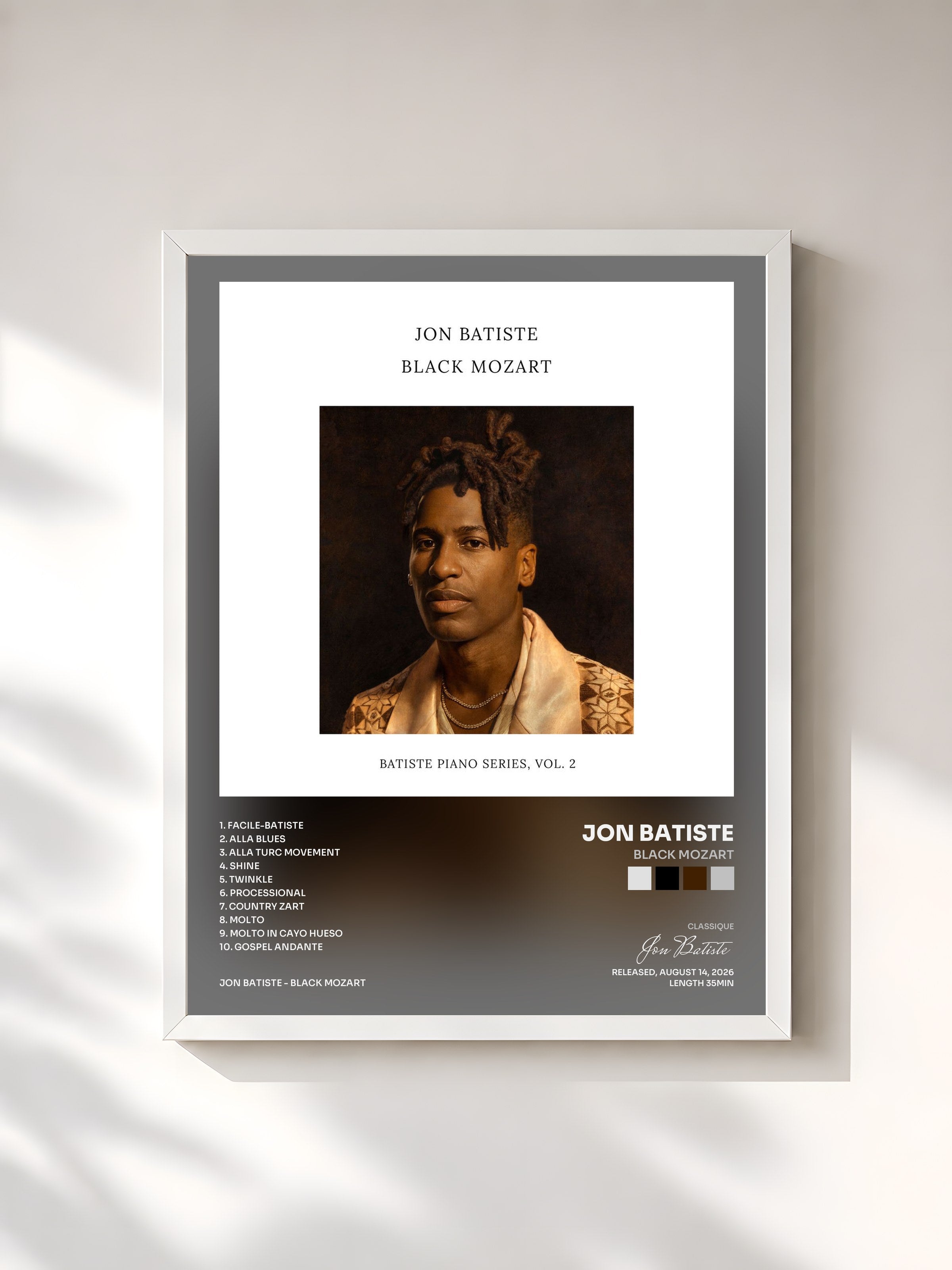 #blanc Tableau de l'album Black Mozart de Jon Batiste, cadre blanc, imprimé et encadré en France