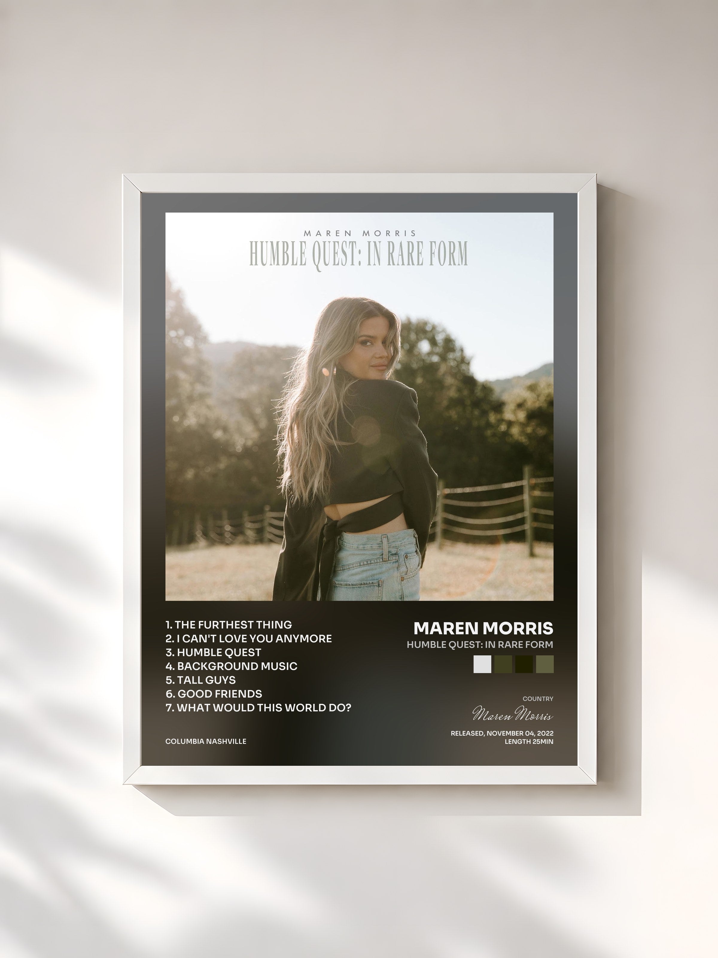 #blanc Tableau de l'album Humble Quest: In Rare Form de Maren Morris, cadre blanc, imprimé et encadré en France