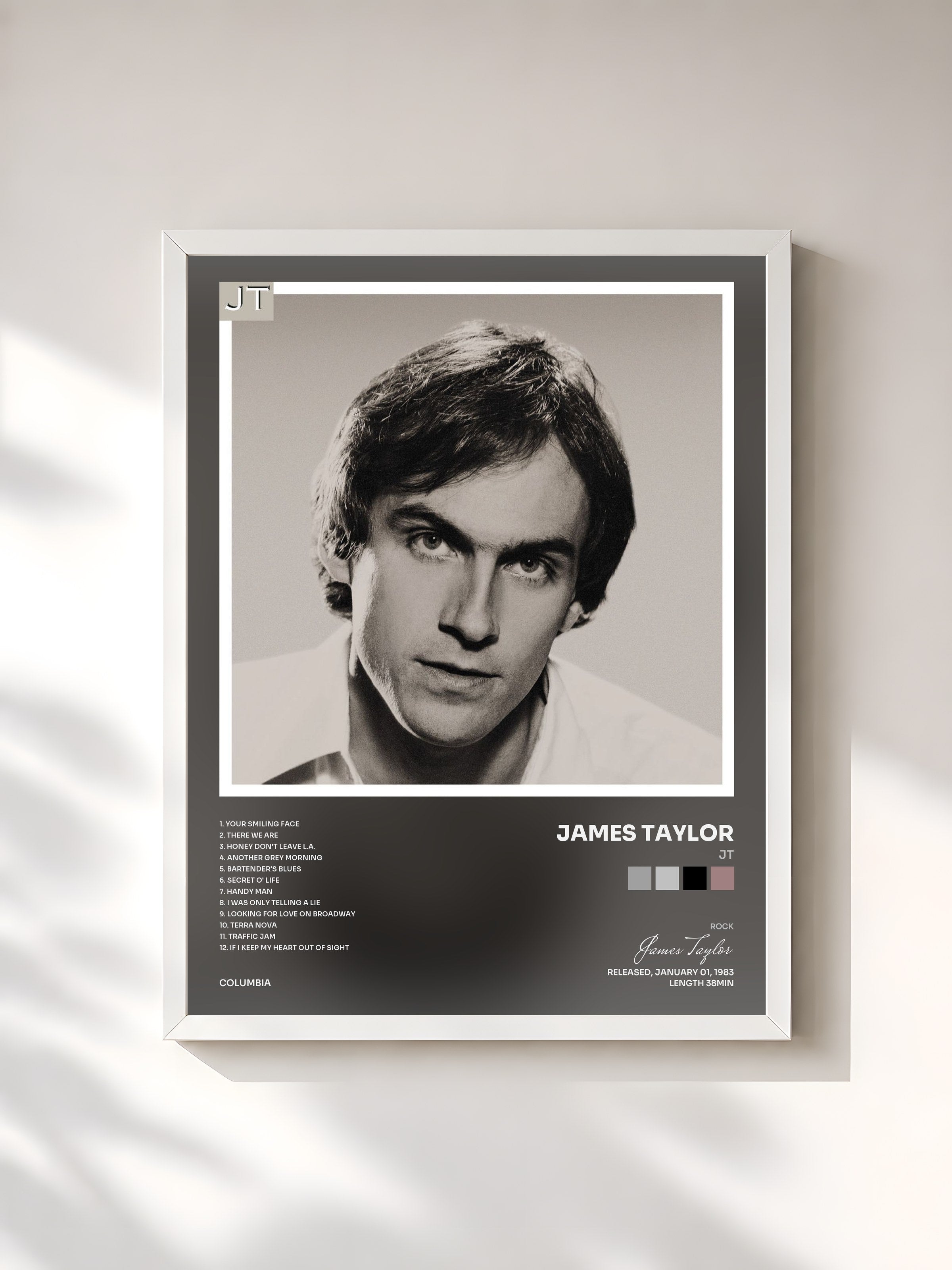 #blanc Tableau de l'album JT de James Taylor, cadre blanc, imprimé et encadré en France