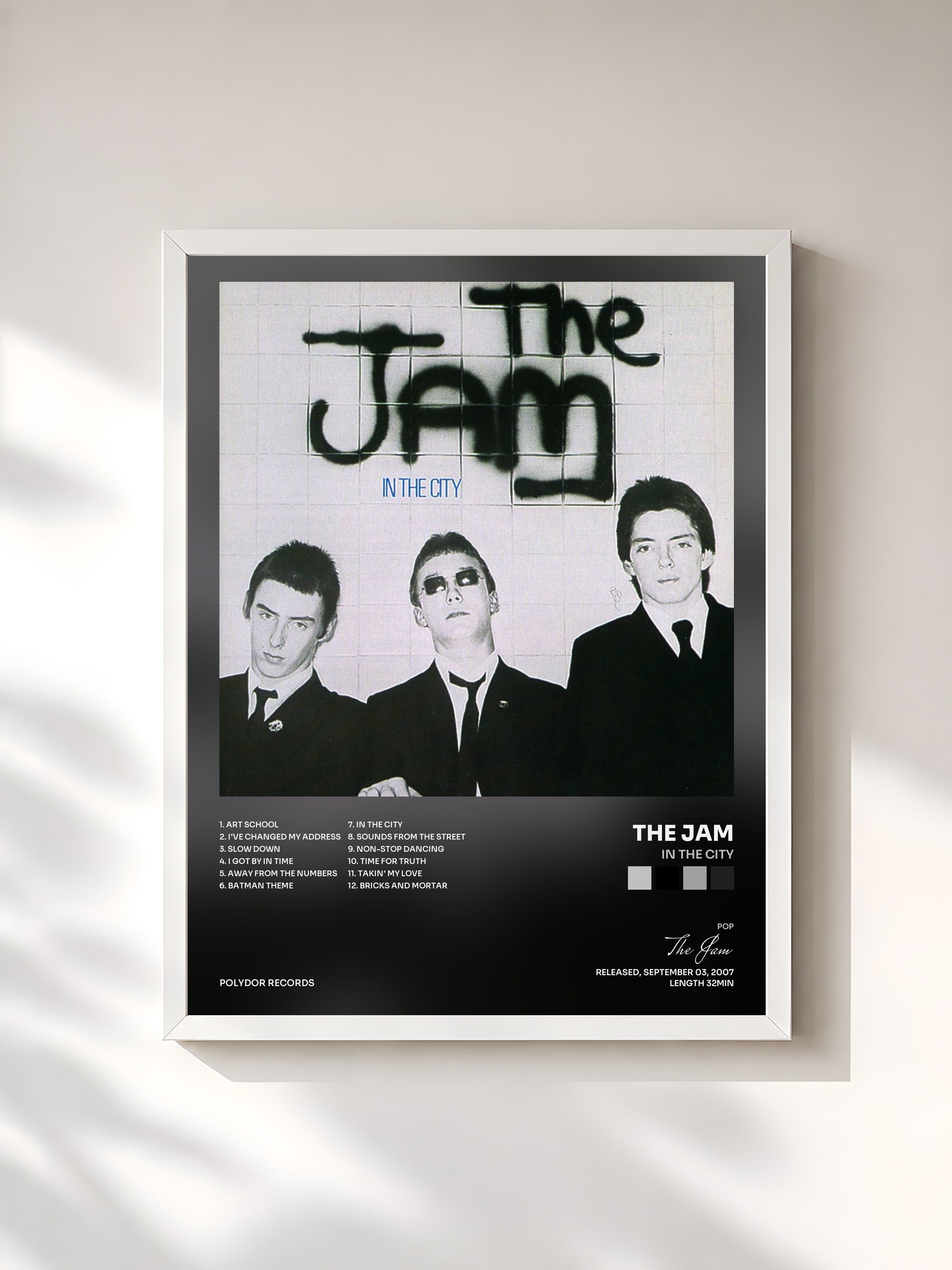 #blanc Tableau de l'album In The City de The Jam, cadre blanc, imprimé et encadré en France