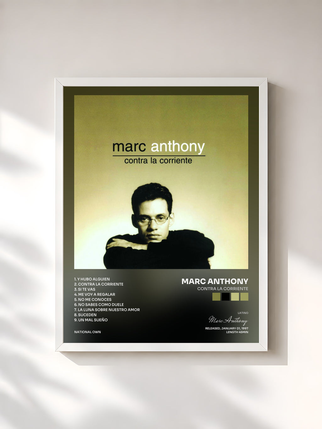 #blanc Tableau de l'album Contra La Corriente de Marc Anthony, cadre blanc, imprimé et encadré en France