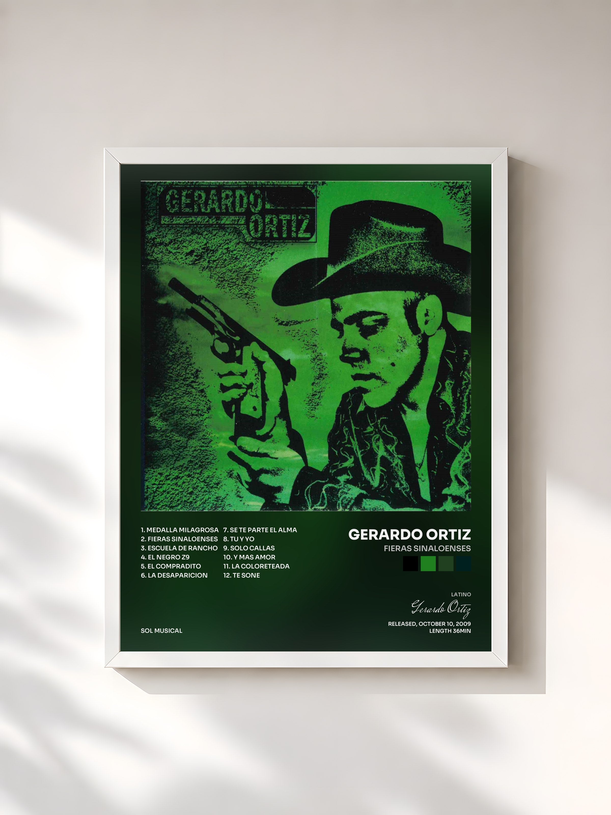#blanc Tableau de l'album Fieras Sinaloenses de Gerardo Ortiz, cadre blanc, imprimé et encadré en France
