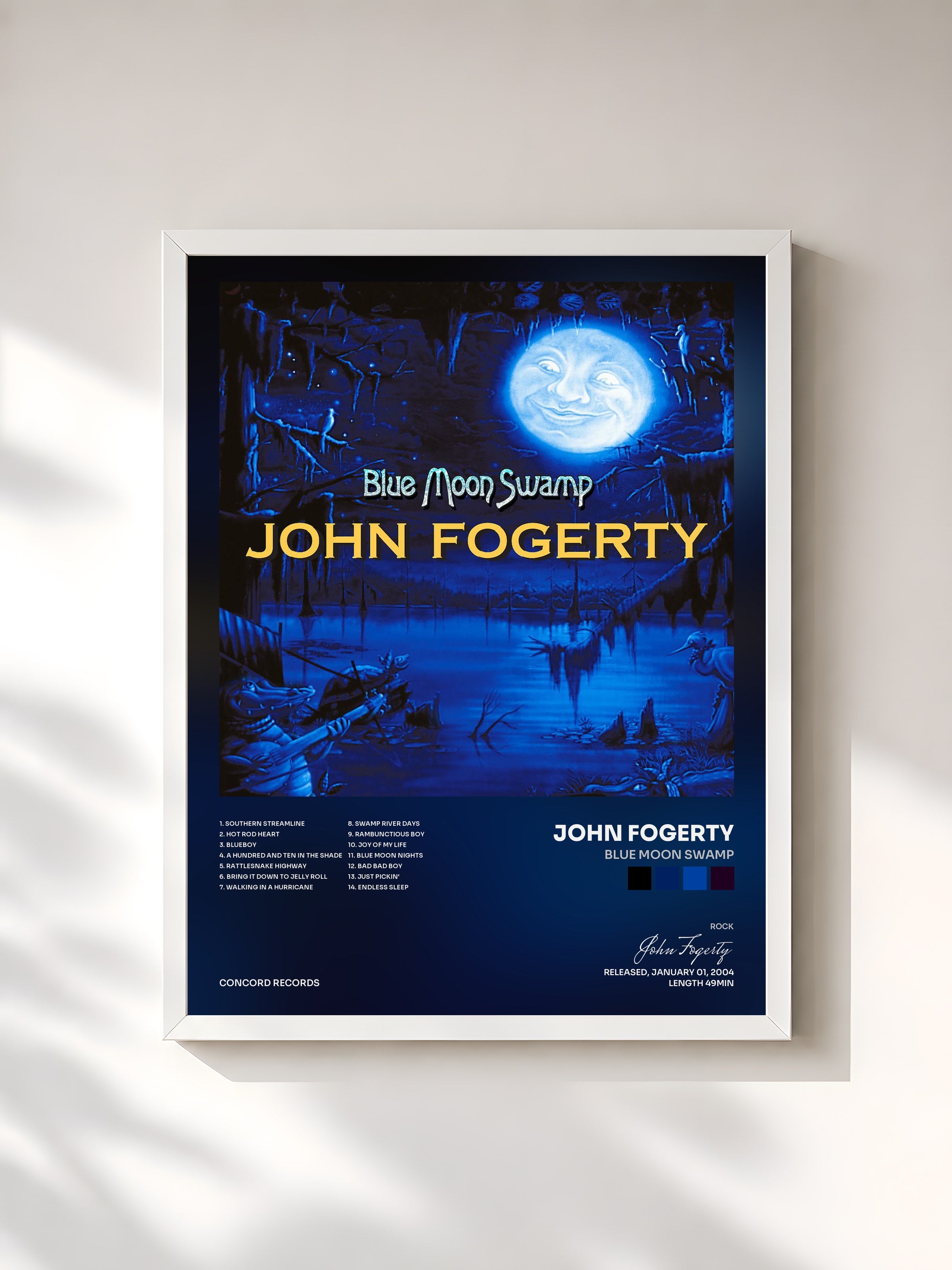 #blanc Tableau de l'album Blue Moon Swamp de John Fogerty, cadre blanc, imprimé et encadré en France