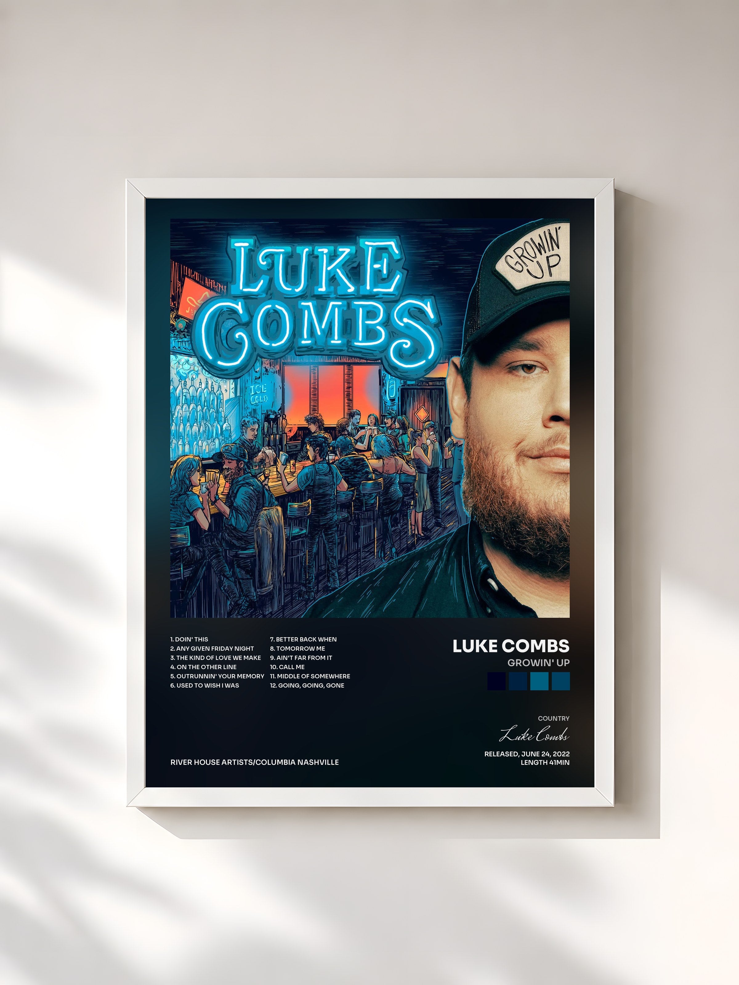 #blanc Tableau de l'album Growin' Up de Luke Combs, cadre blanc, imprimé et encadré en France