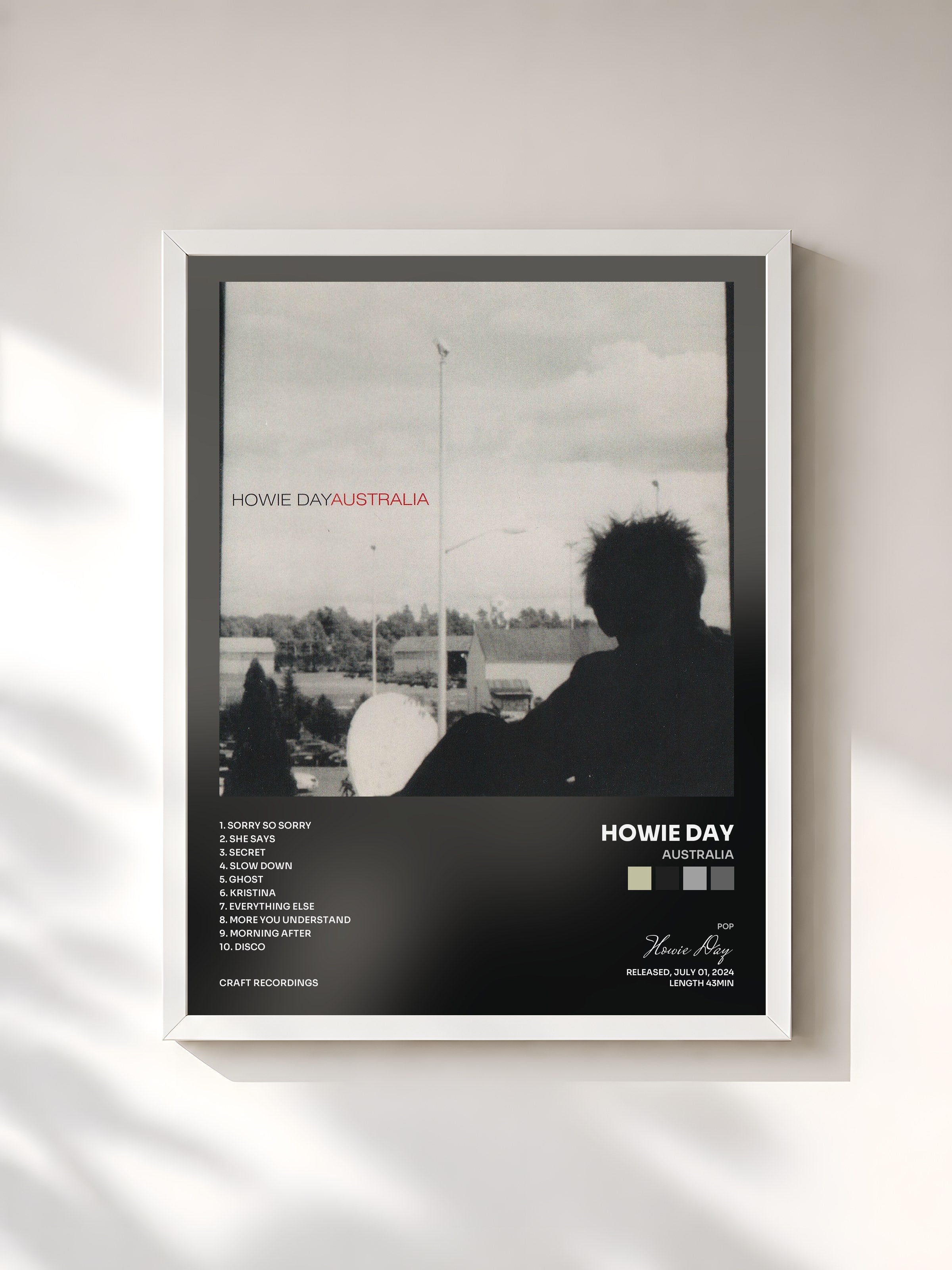 #blanc Tableau de l'album Australia de Howie Day, cadre blanc, imprimé et encadré en France