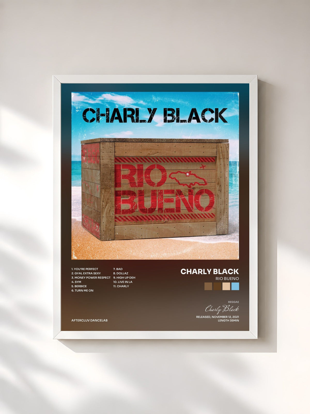 #blanc Tableau de l'album Rio Bueno de Charly Black, cadre blanc, imprimé et encadré en France