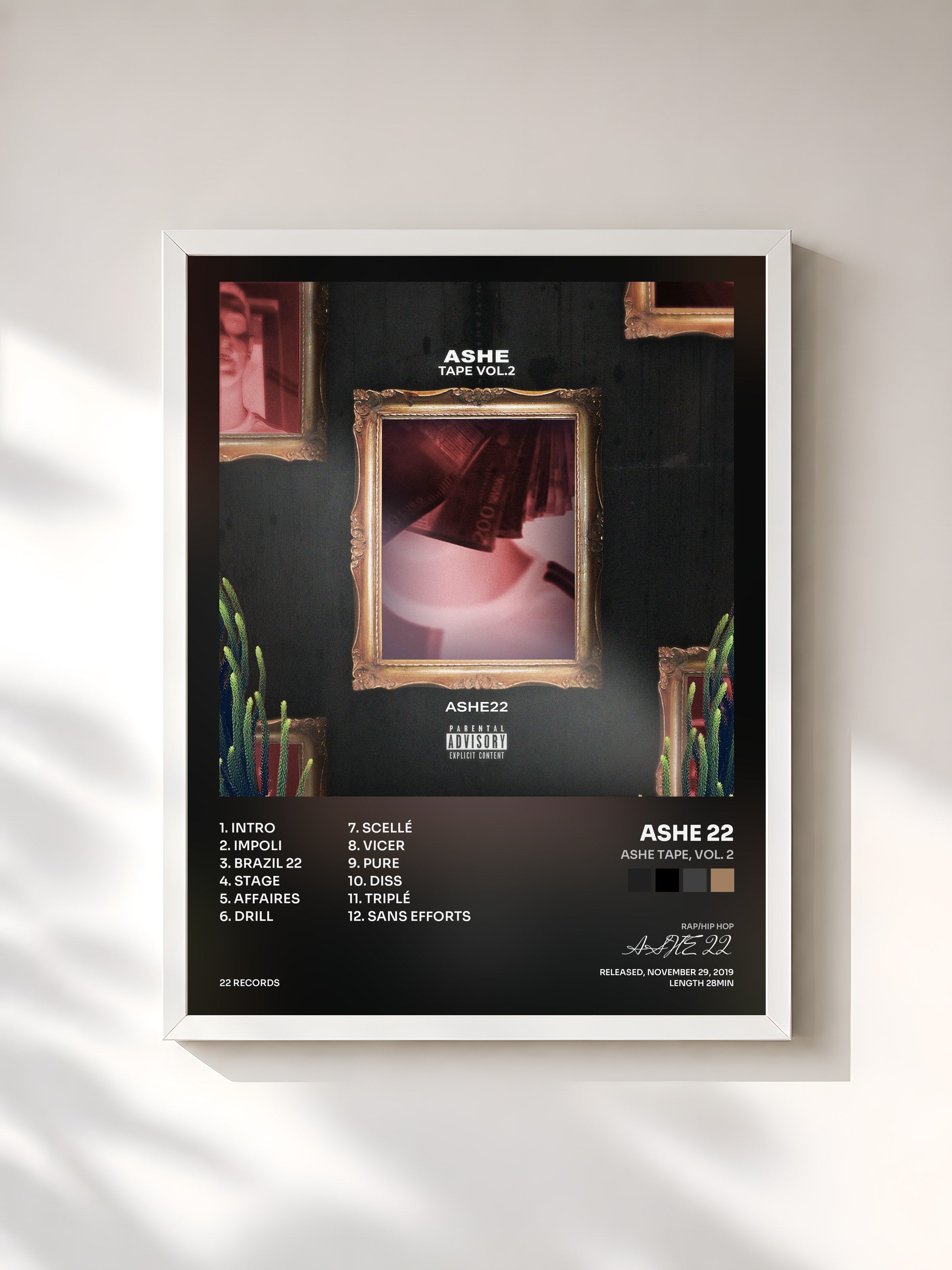 #blanc Tableau de l'album Ashe Tape, Vol. 2 de ASHE 22, cadre blanc, imprimé et encadré en France
