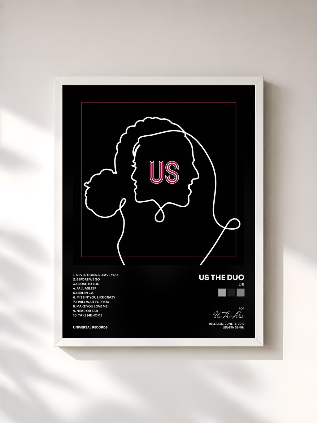 #blanc Tableau de l'album Us de Us The Duo, cadre blanc, imprimé et encadré en France