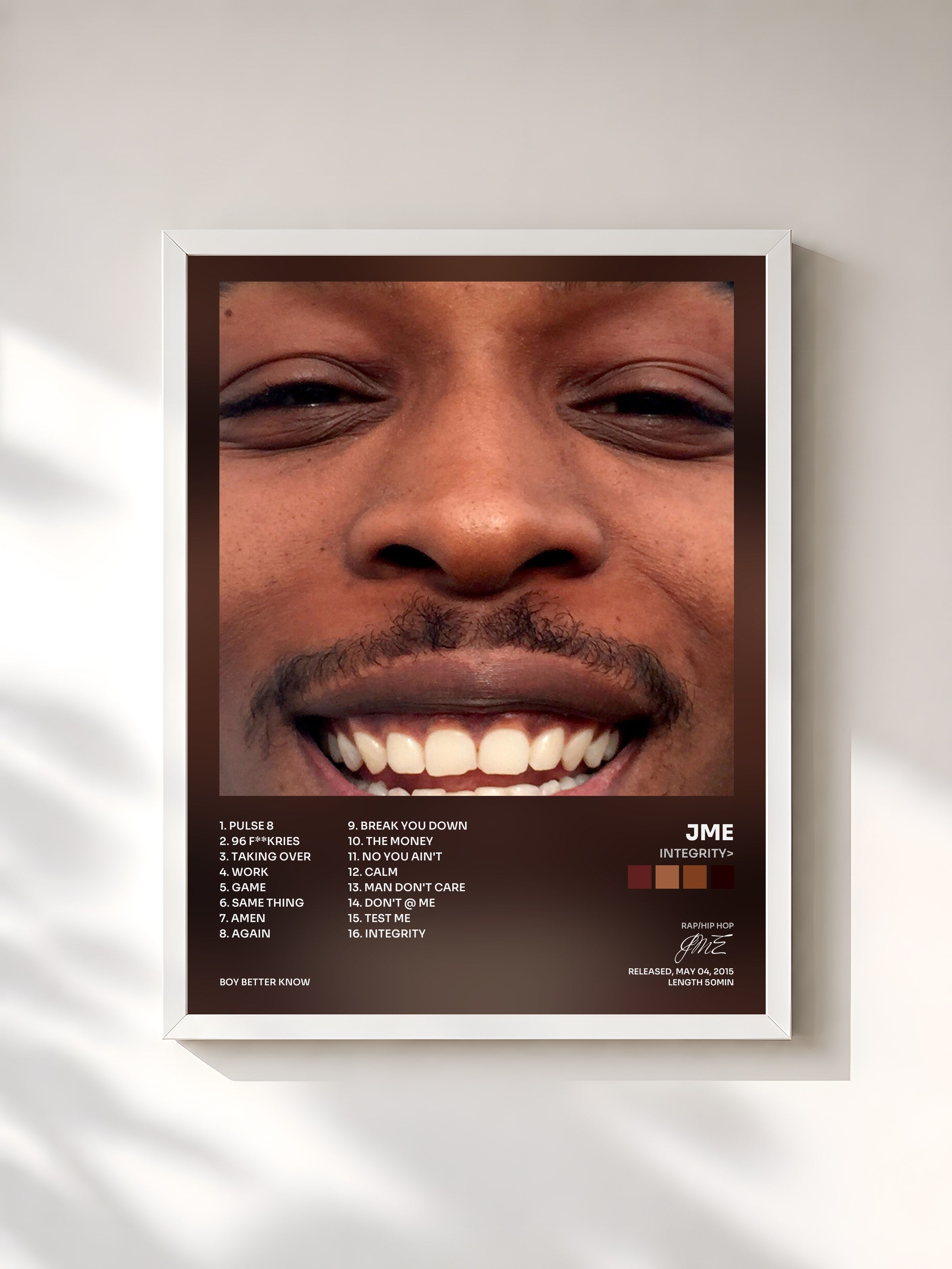 #blanc Tableau de l'album Integrity> de JME, cadre blanc, imprimé et encadré en France