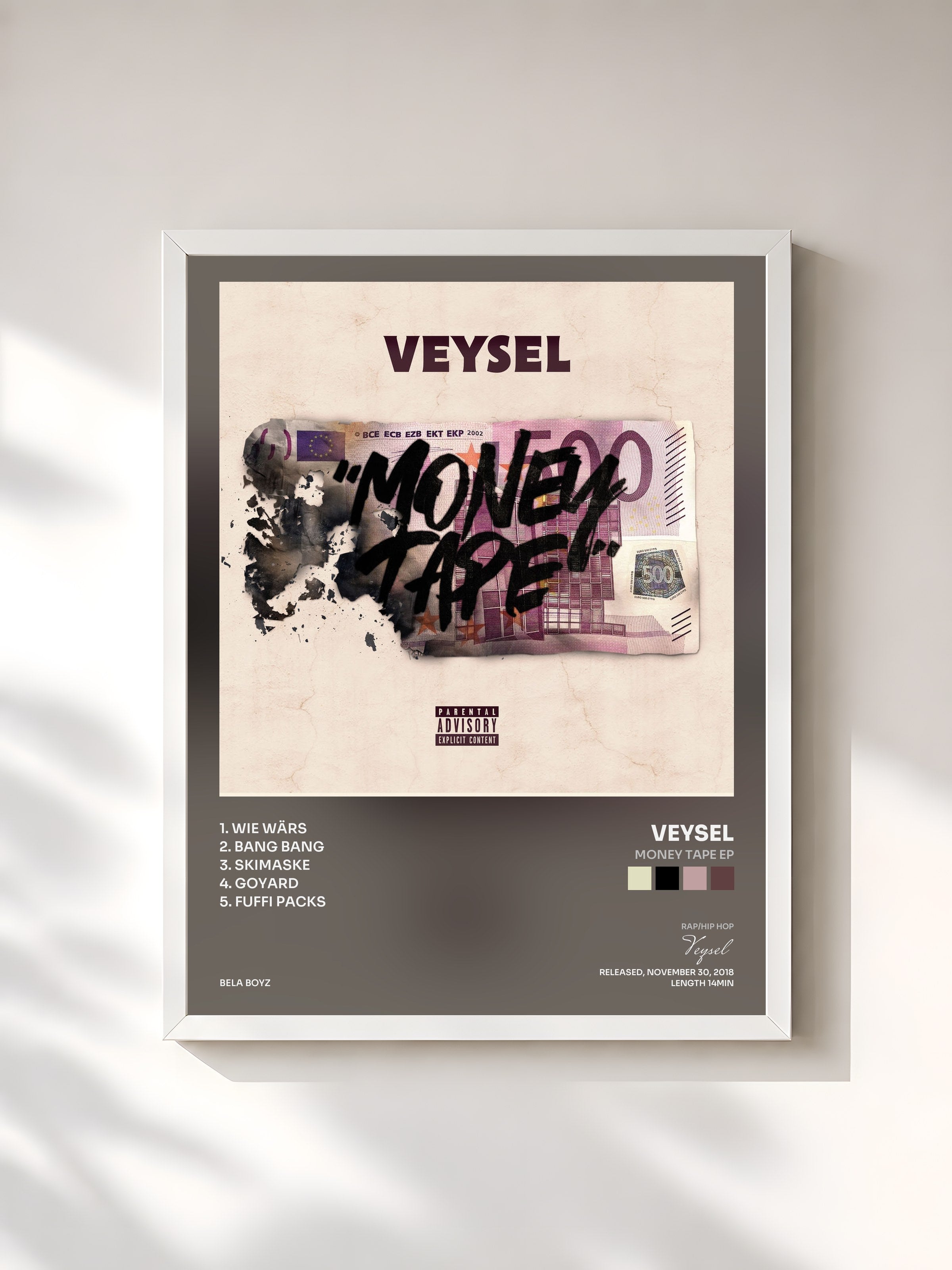 #blanc Tableau de l'album Money Tape EP de Veysel, cadre blanc, imprimé et encadré en France