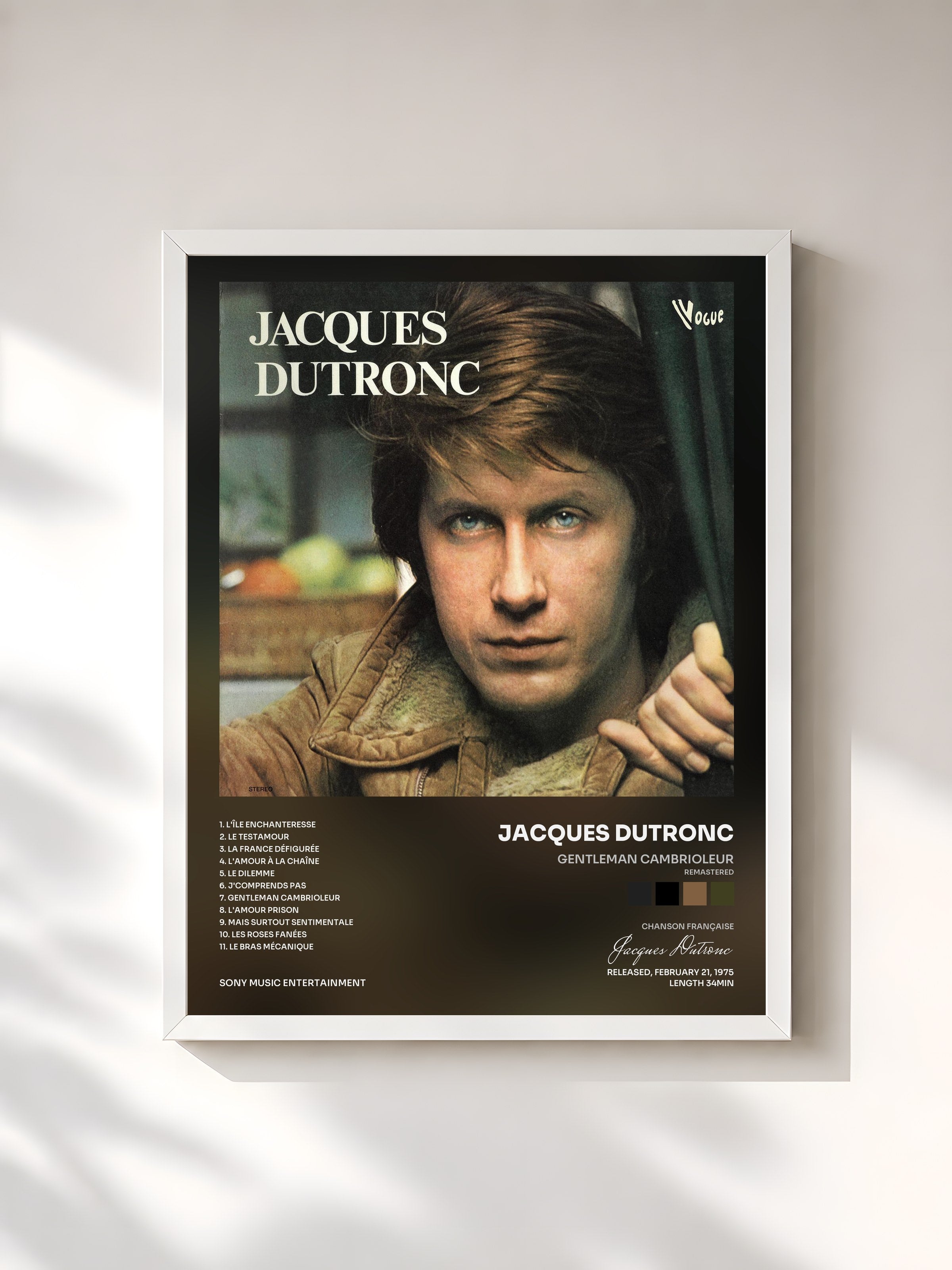 #blanc Tableau de l'album Gentleman cambrioleur (Remastered) de Jacques Dutronc, cadre blanc, imprimé et encadré en France