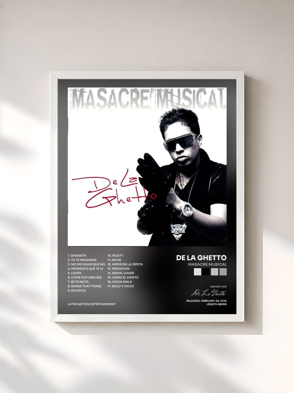 #blanc Tableau de l'album Masacre Musical de De La Ghetto, cadre blanc, imprimé et encadré en France