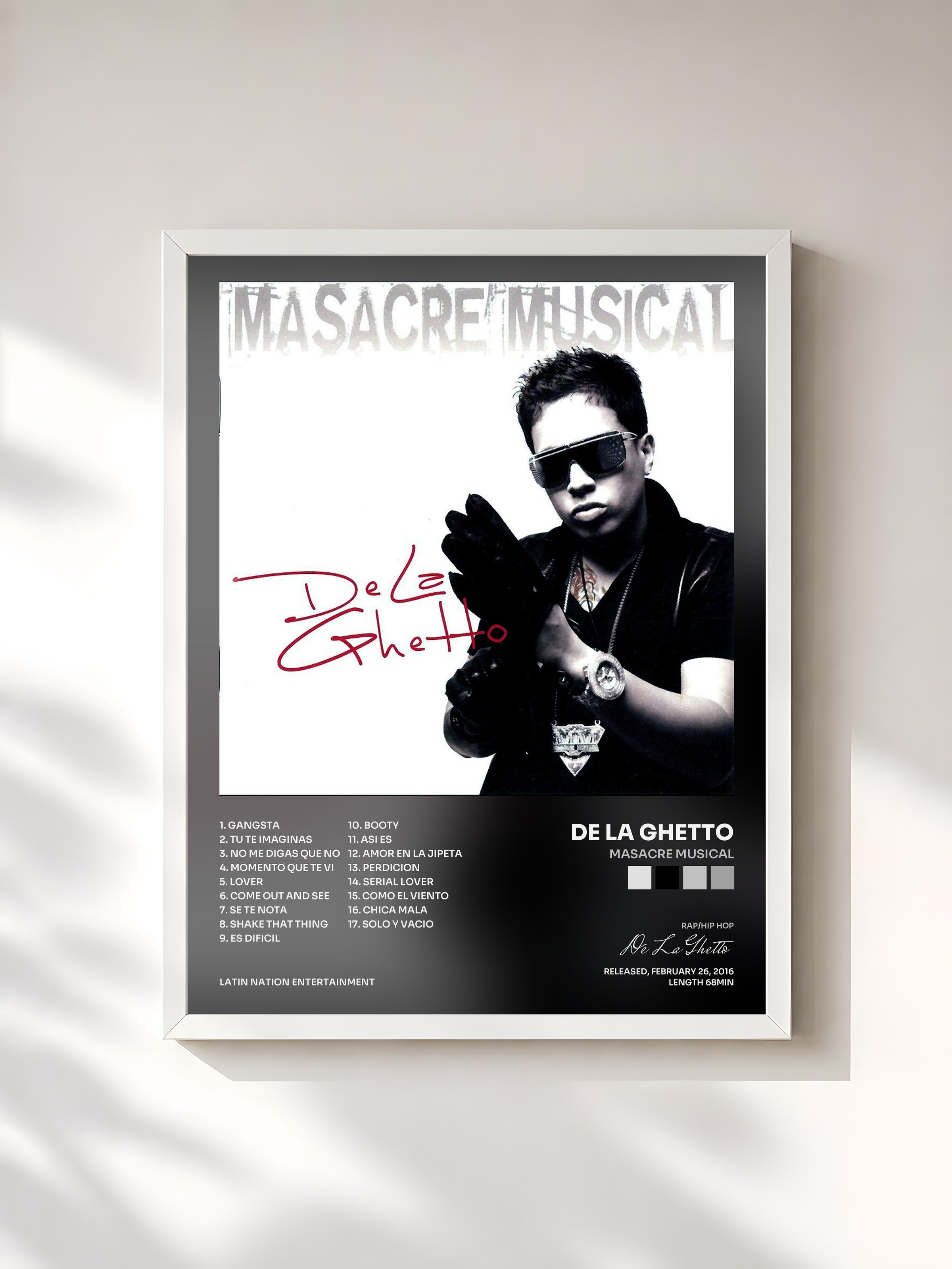 #blanc Tableau de l'album Masacre Musical de De La Ghetto, cadre blanc, imprimé et encadré en France