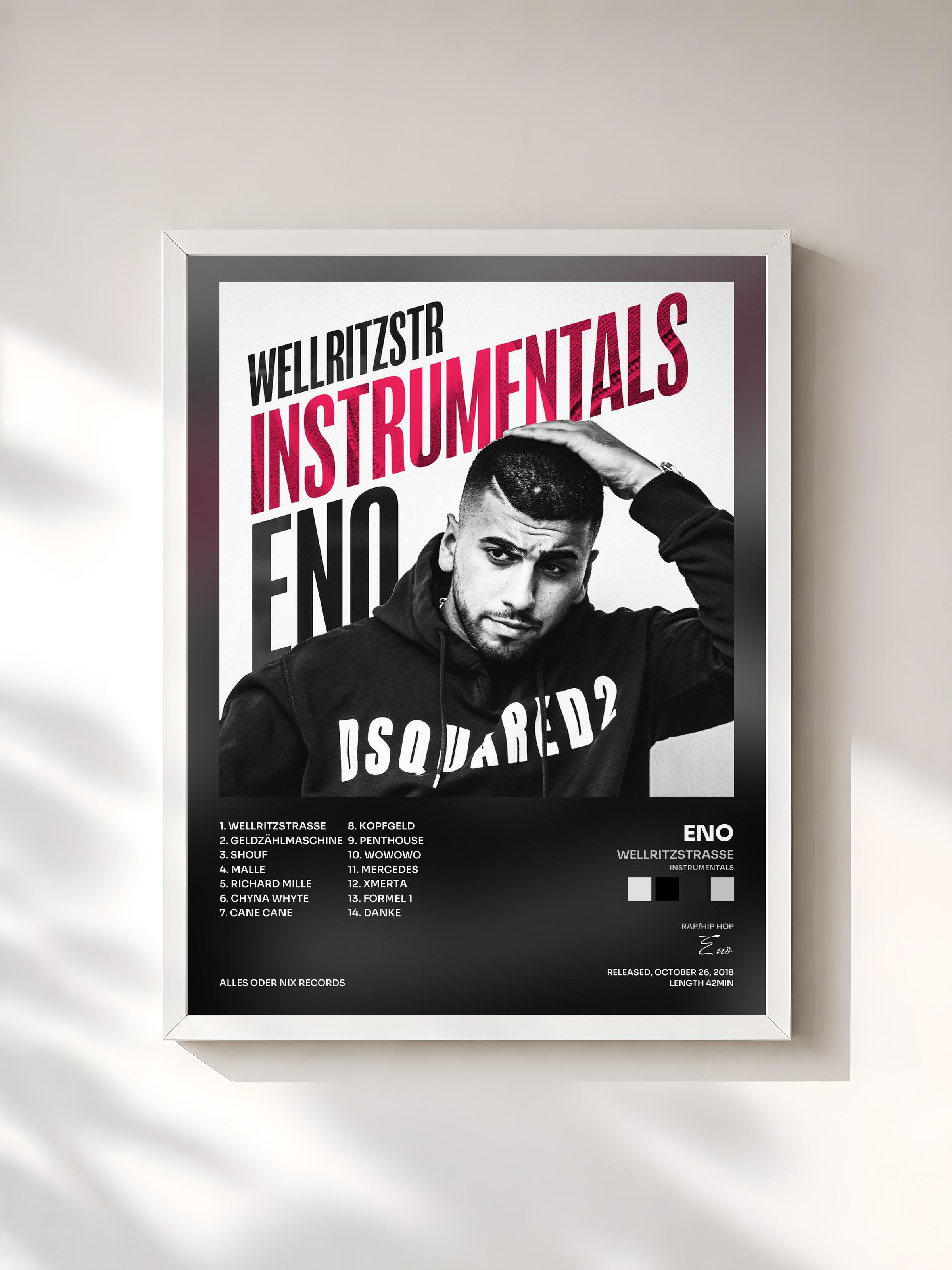 #blanc Tableau de l'album Wellritzstrasse (Instrumentals) de Eno, cadre blanc, imprimé et encadré en France