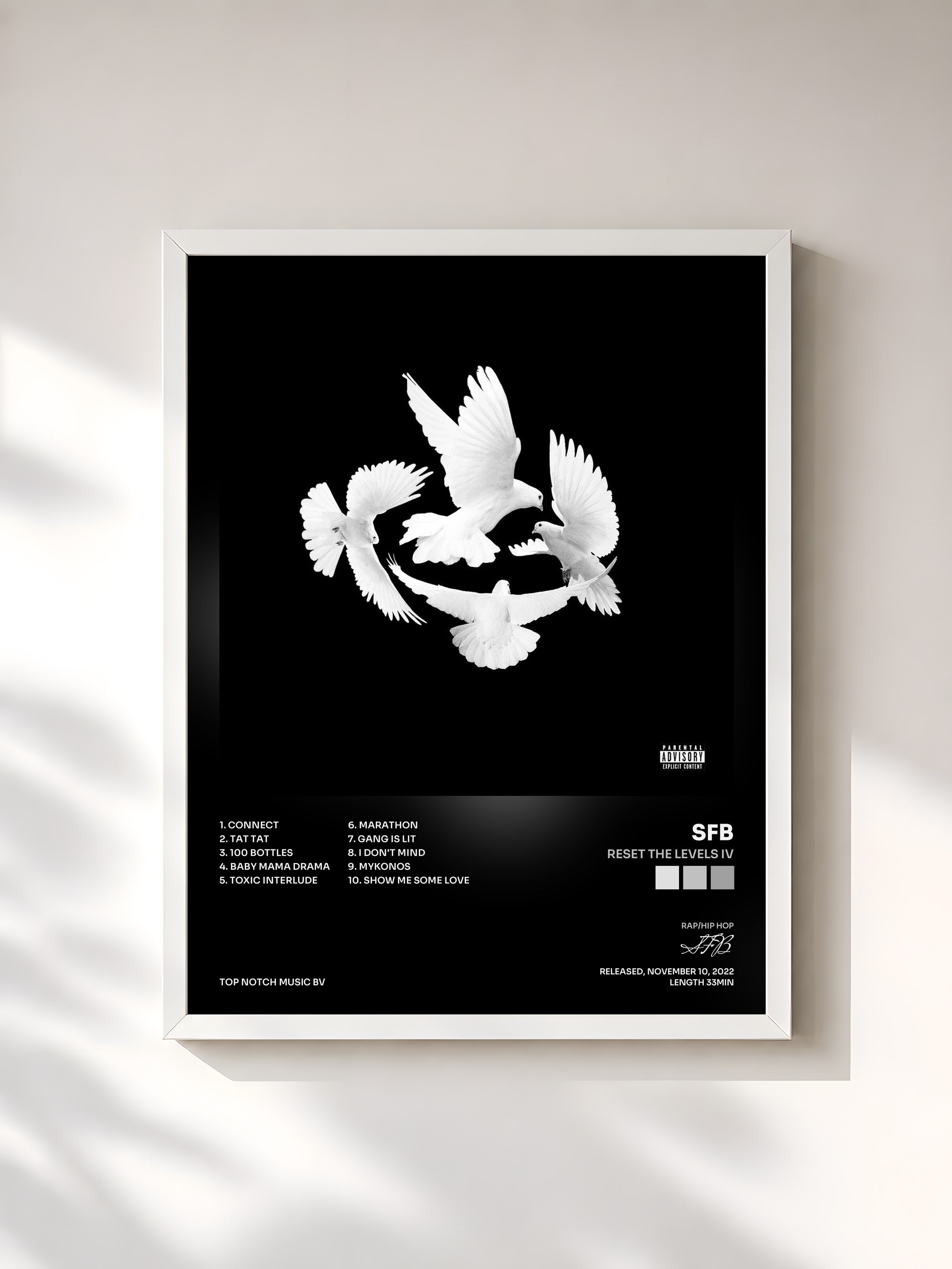 #blanc Tableau de l'album Reset The Levels IV de SFB, cadre blanc, imprimé et encadré en France