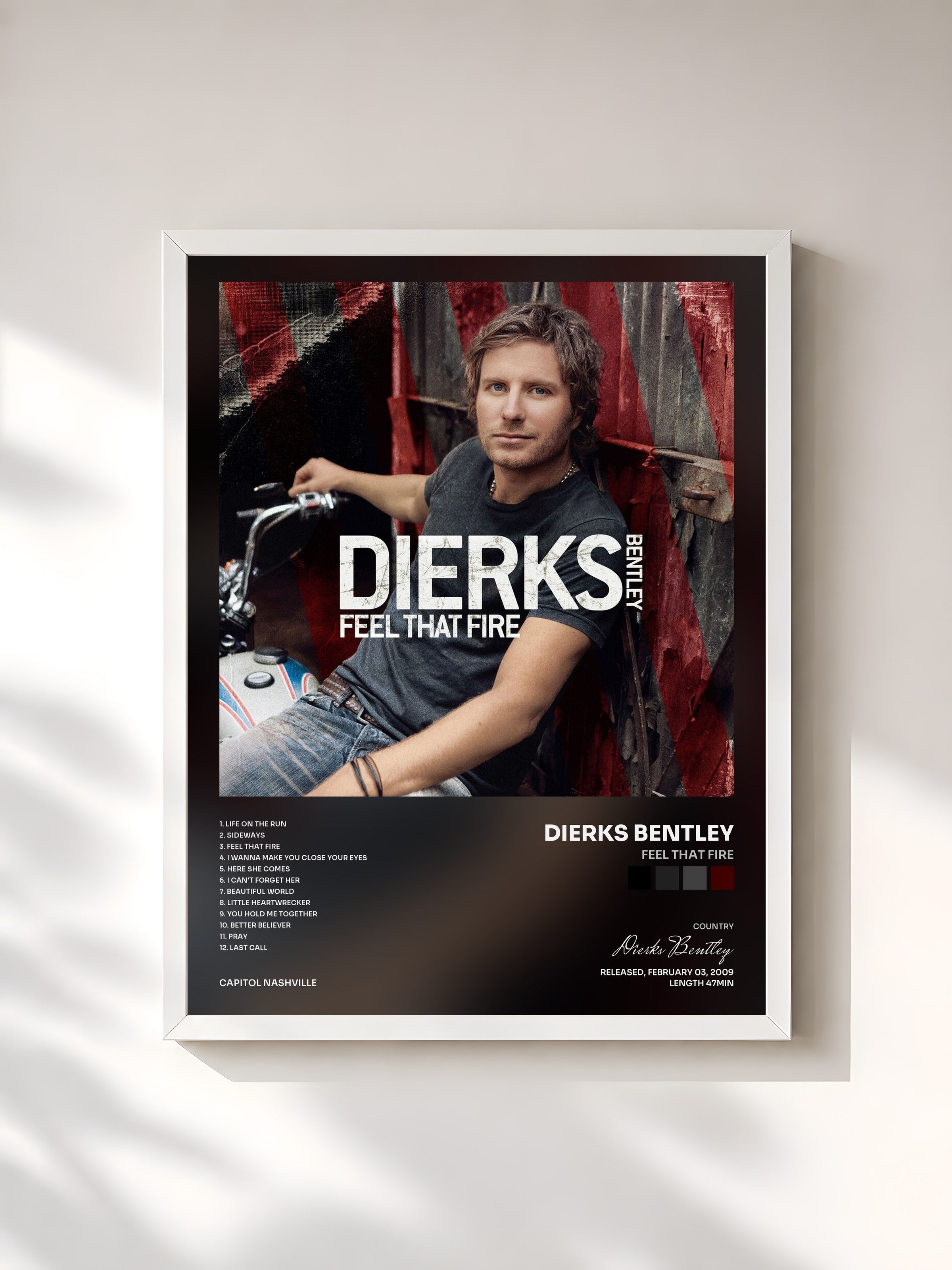 #blanc Tableau de l'album Feel That Fire de Dierks Bentley, cadre blanc, imprimé et encadré en France
