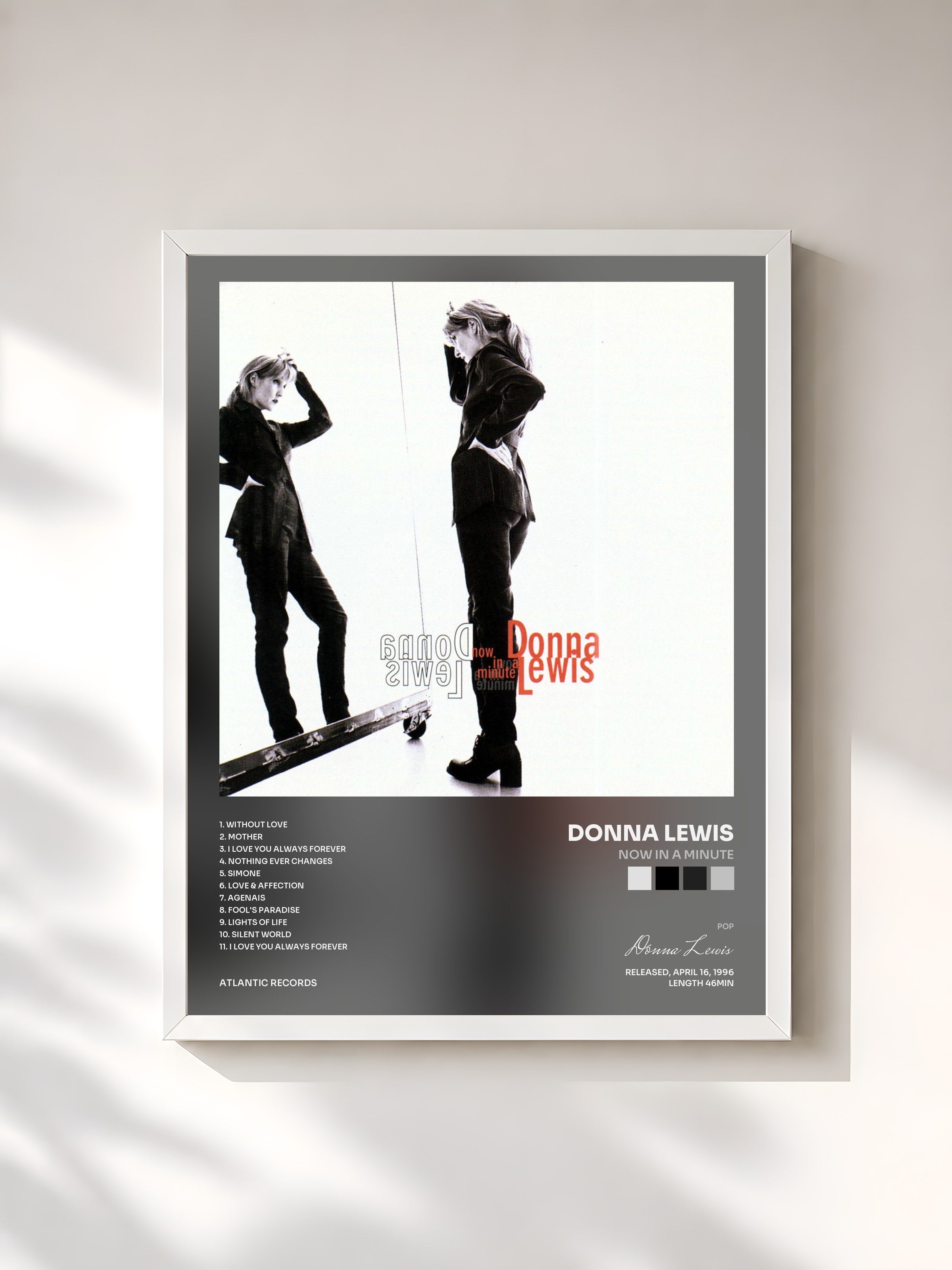 #blanc Tableau de l'album Now in a Minute de Donna Lewis, cadre blanc, imprimé et encadré en France