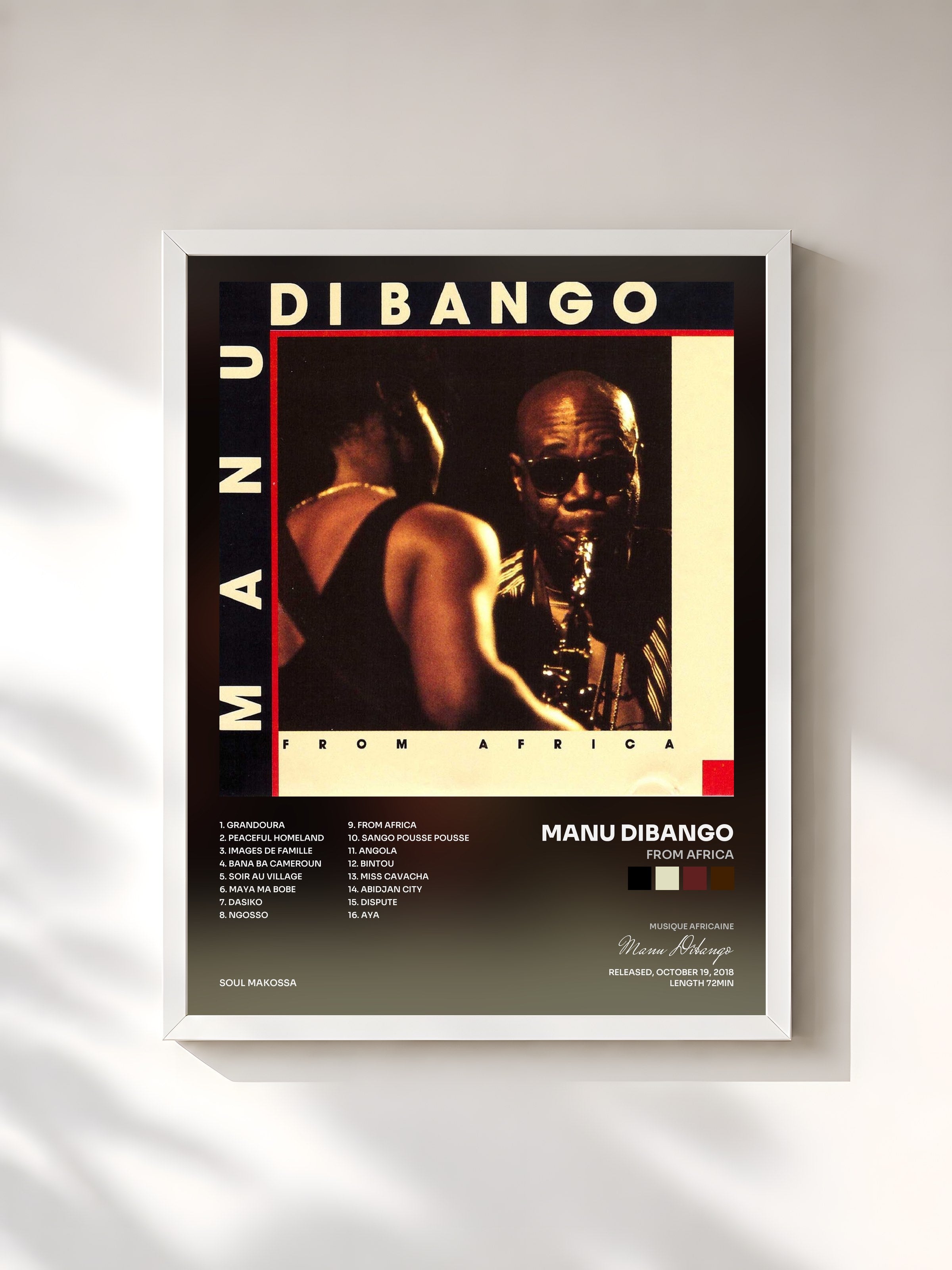 #blanc Tableau de l'album From Africa de Manu Dibango, cadre blanc, imprimé et encadré en France