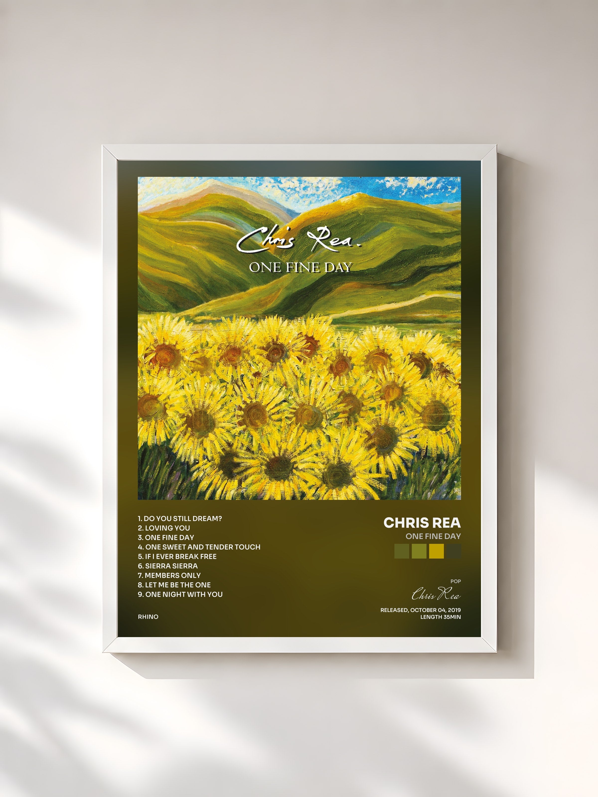 #blanc Tableau de l'album One Fine Day de Chris Rea, cadre blanc, imprimé et encadré en France