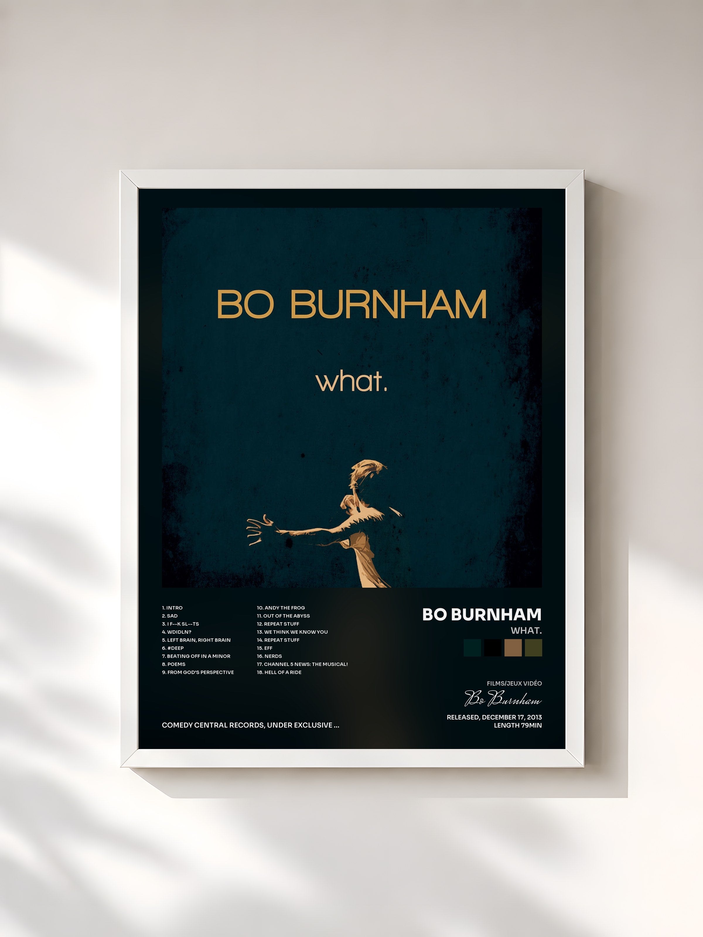 #blanc Tableau de l'album What. de Bo Burnham, cadre blanc, imprimé et encadré en France