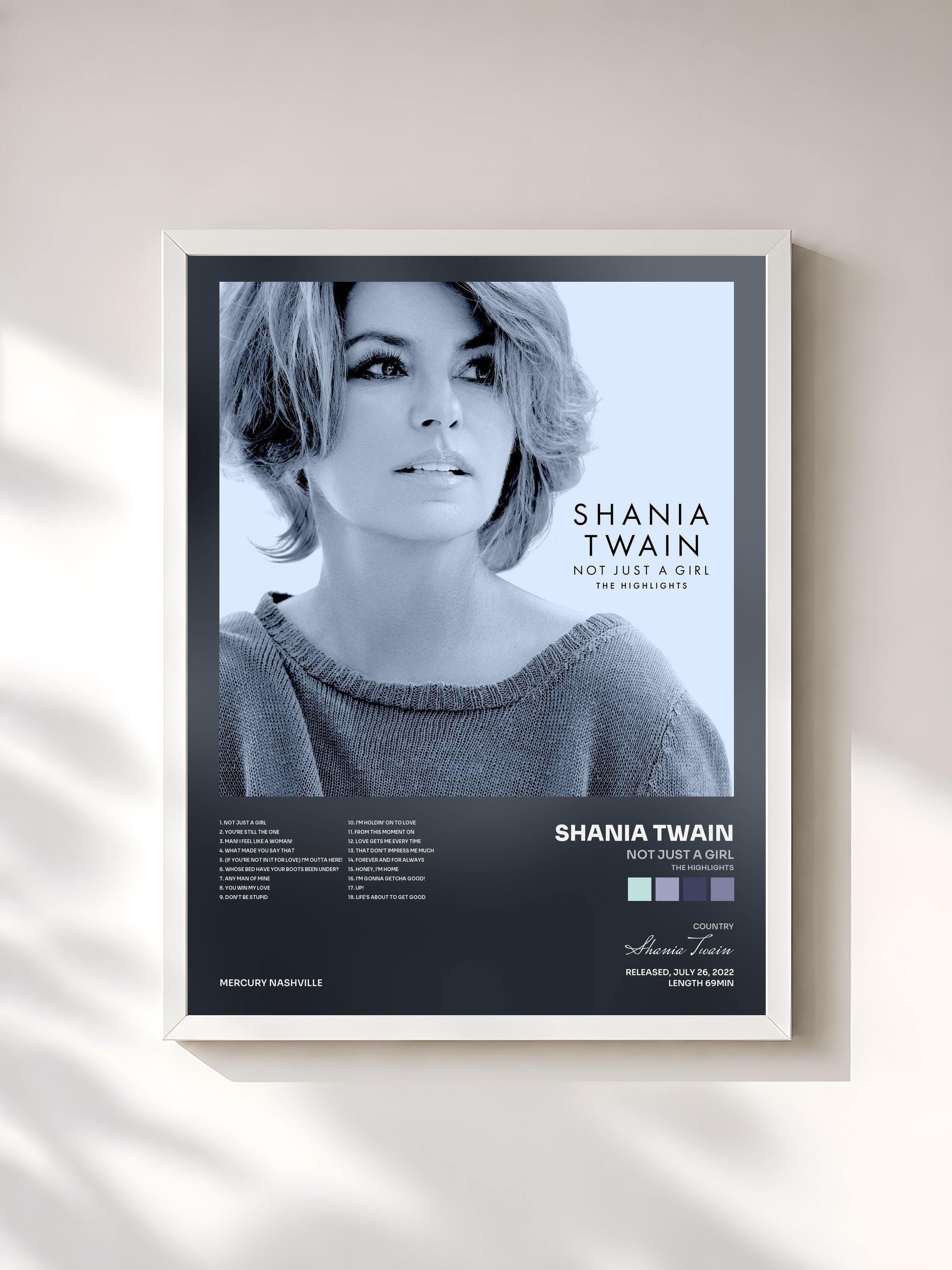 #blanc Tableau de l'album Not Just A Girl (The Highlights) de Shania Twain, cadre blanc, imprimé et encadré en France