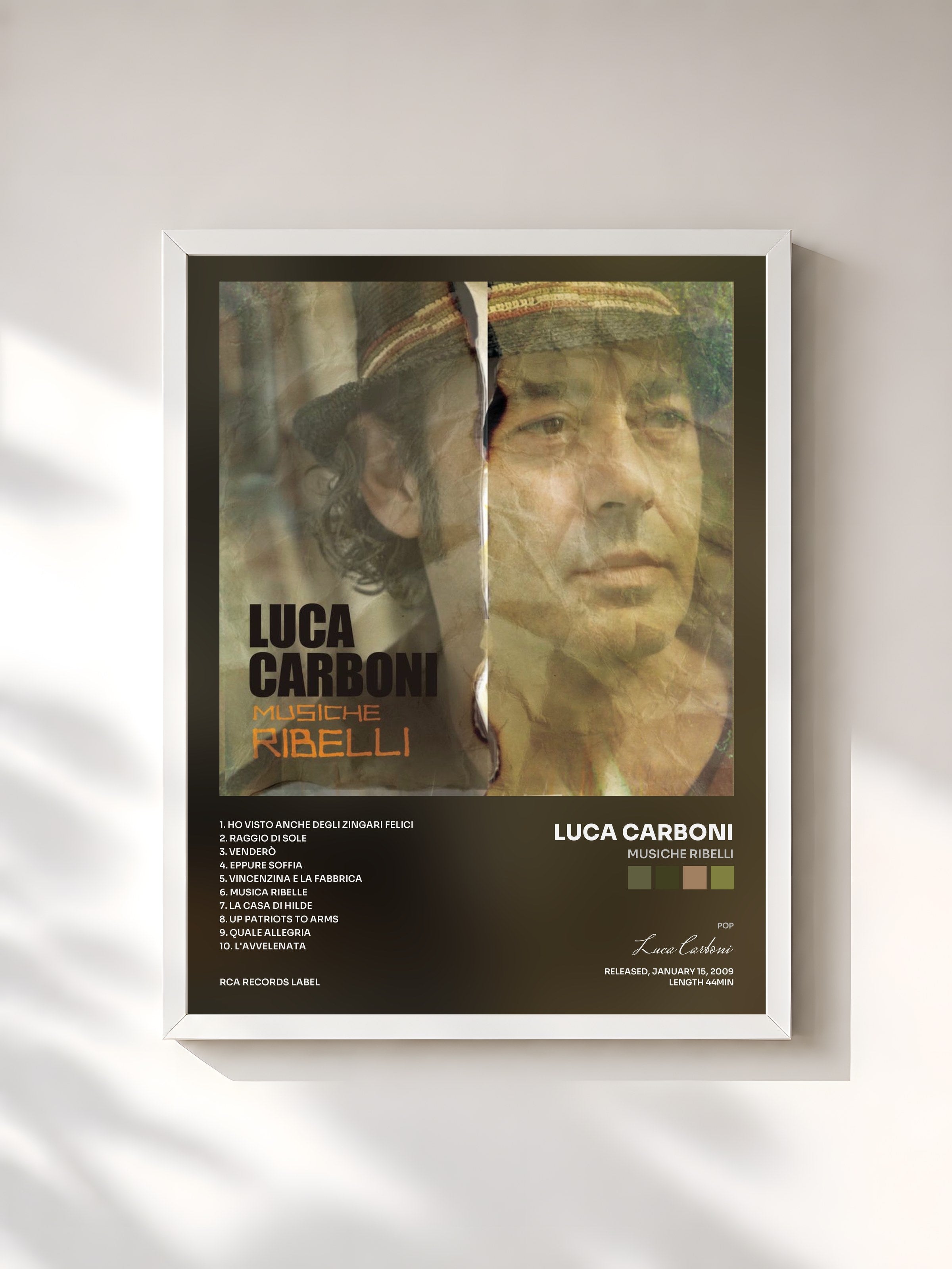#blanc Tableau de l'album Musiche Ribelli de Luca Carboni, cadre blanc, imprimé et encadré en France