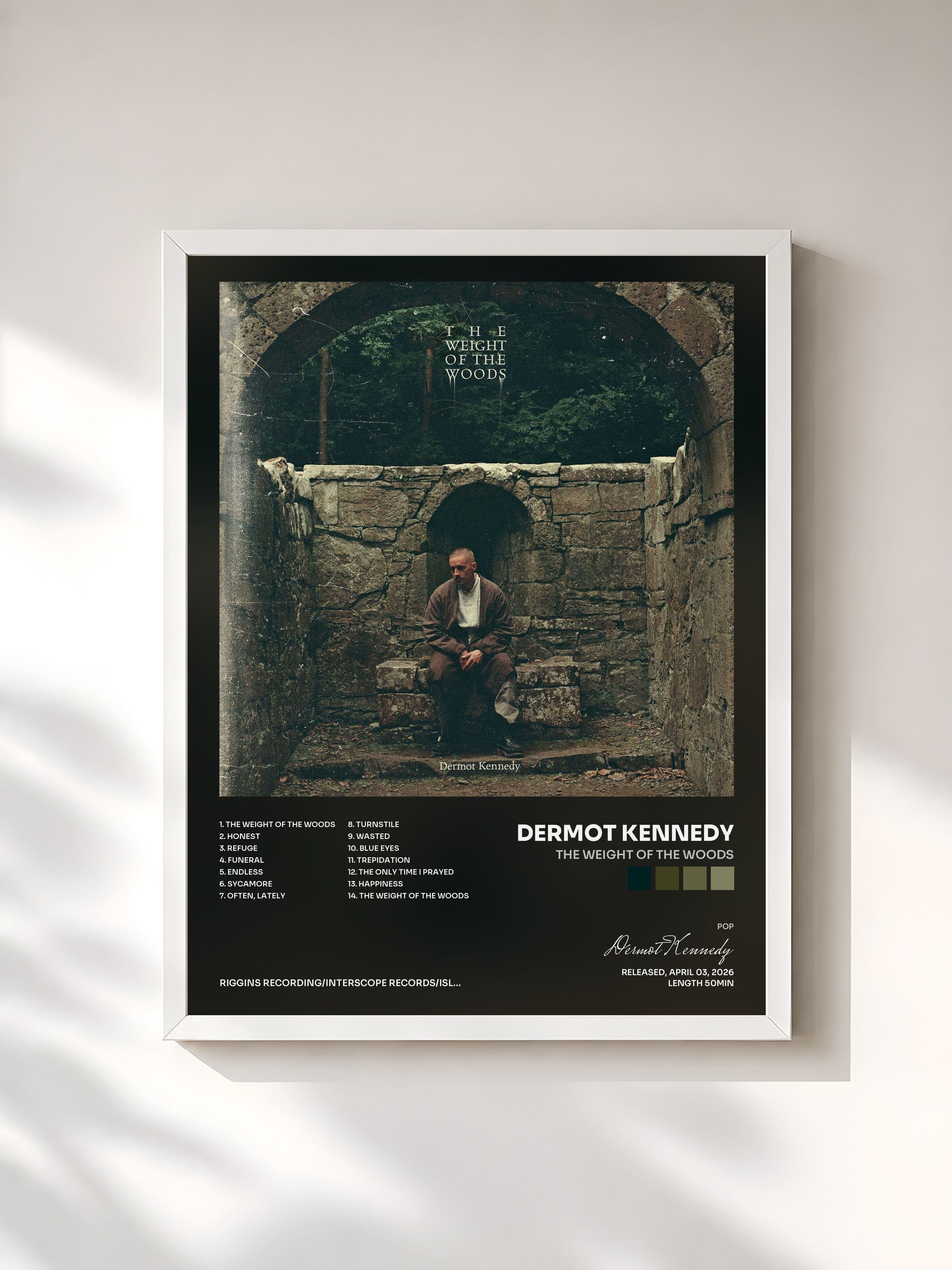 #blanc Tableau de l'album The Weight of the Woods de Dermot Kennedy, cadre blanc, imprimé et encadré en France