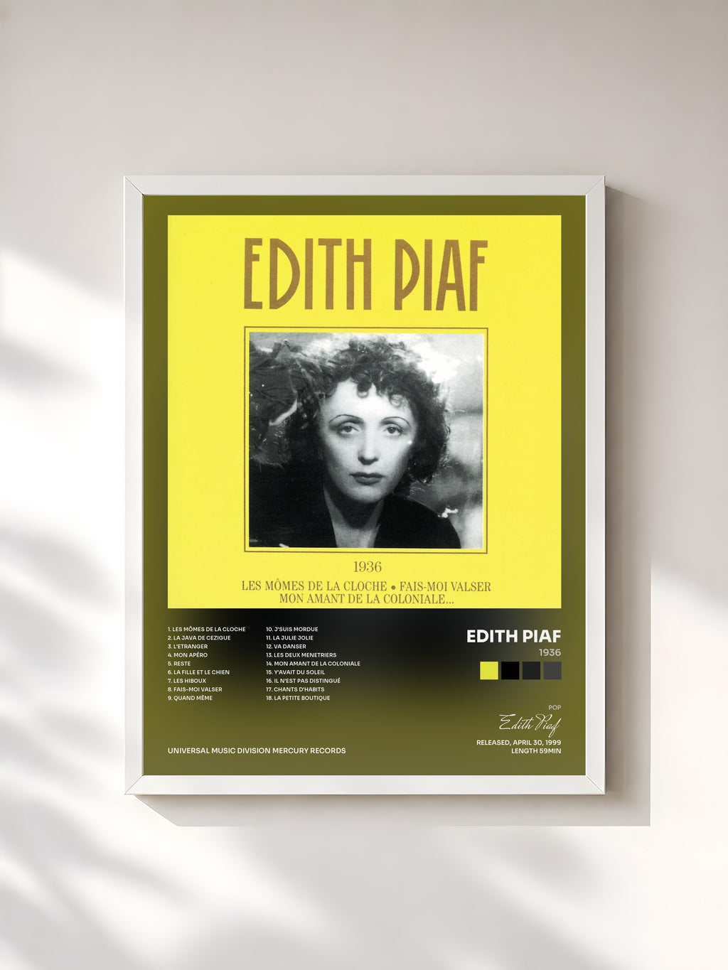 #blanc Tableau de l'album 1936 de Edith Piaf, cadre blanc, imprimé et encadré en France