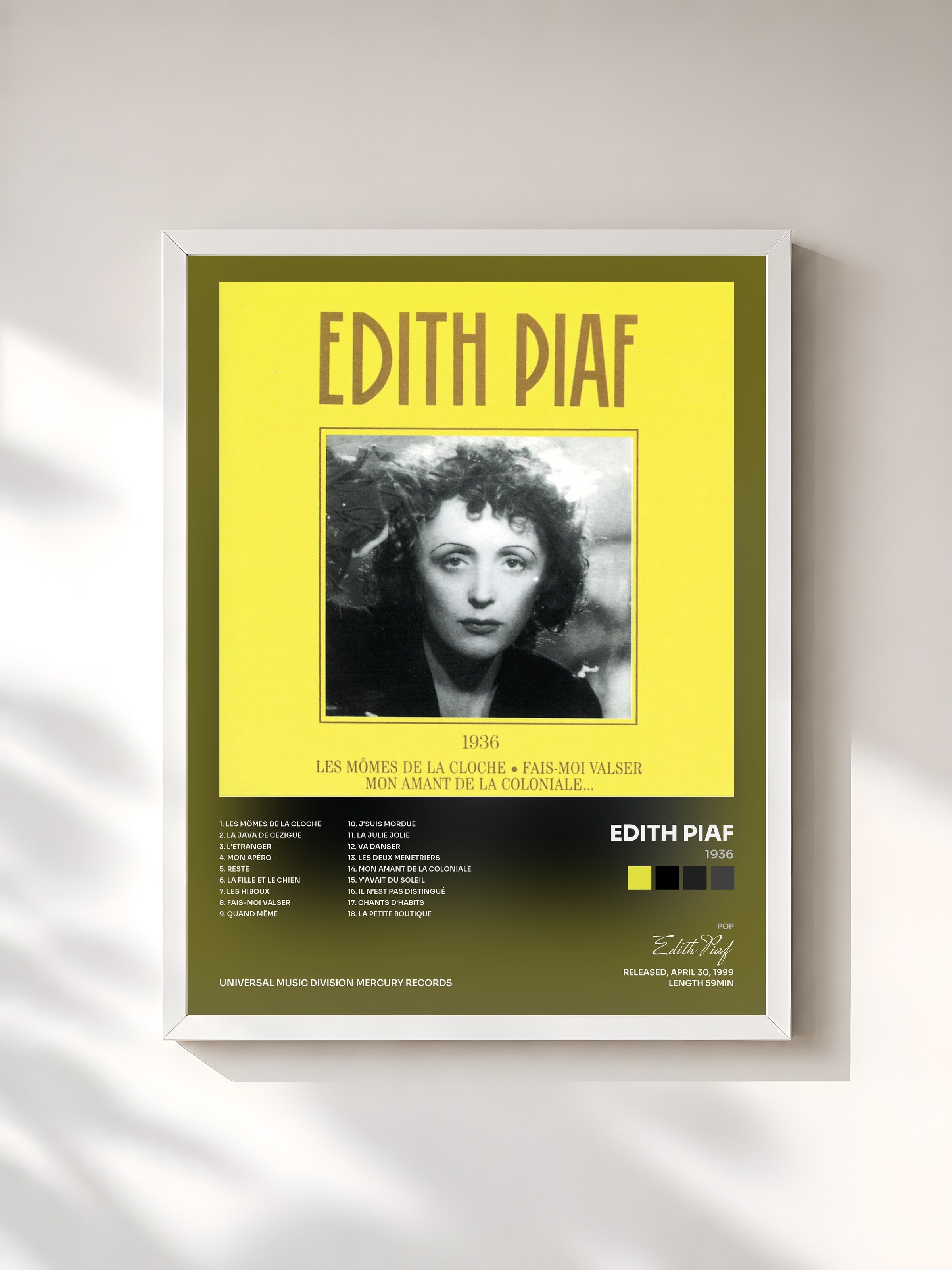 #blanc Tableau de l'album 1936 de Edith Piaf, cadre blanc, imprimé et encadré en France