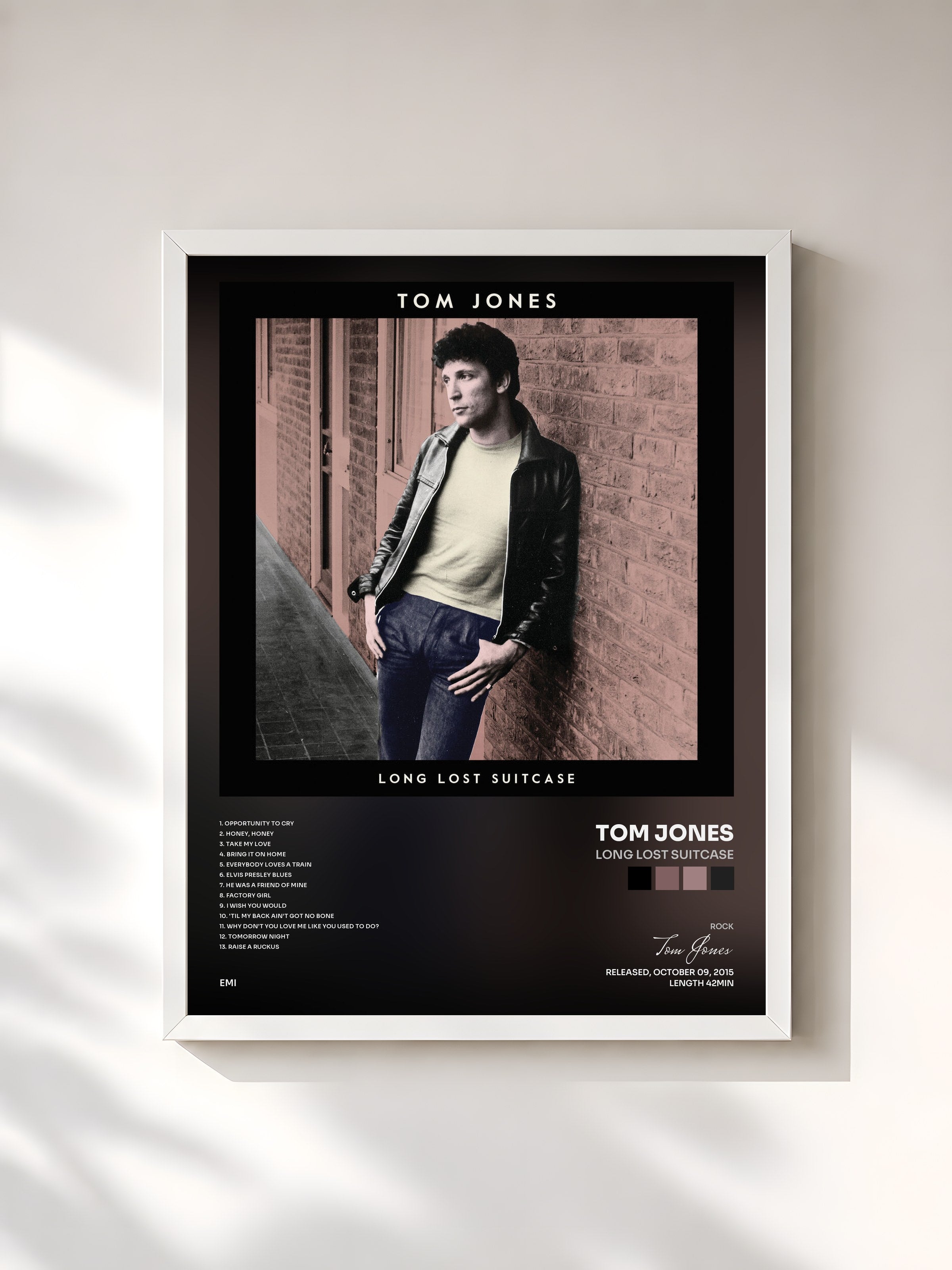 #blanc Tableau de l'album Long Lost Suitcase de Tom Jones, cadre blanc, imprimé et encadré en France