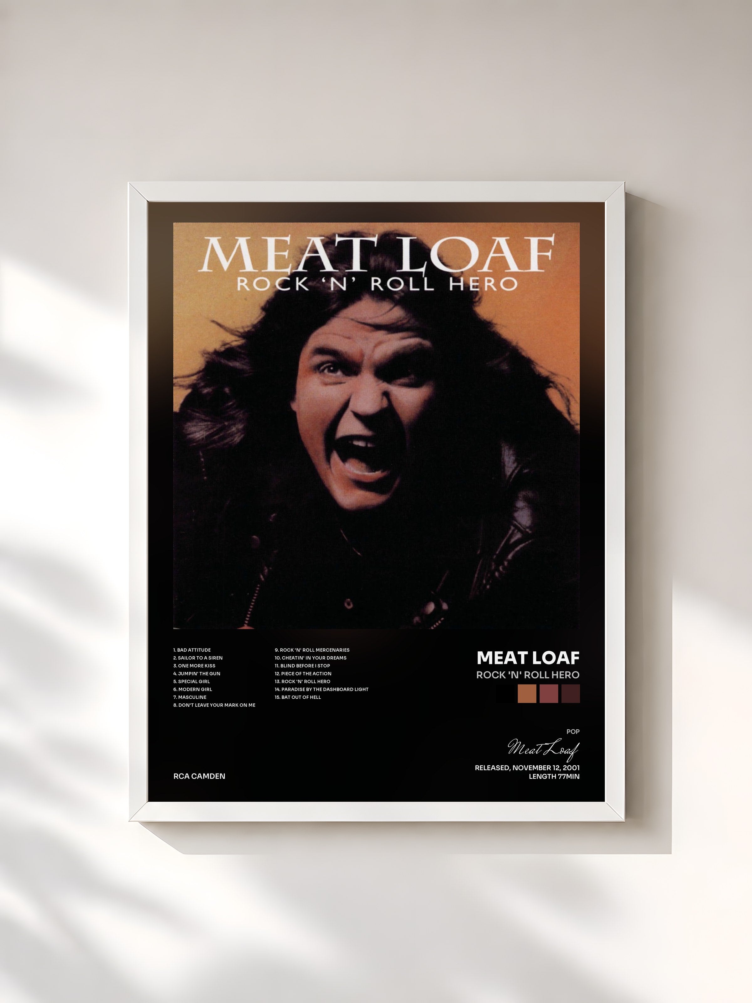 #blanc Tableau de l'album Rock 'N' Roll Hero de Meat Loaf, cadre blanc, imprimé et encadré en France
