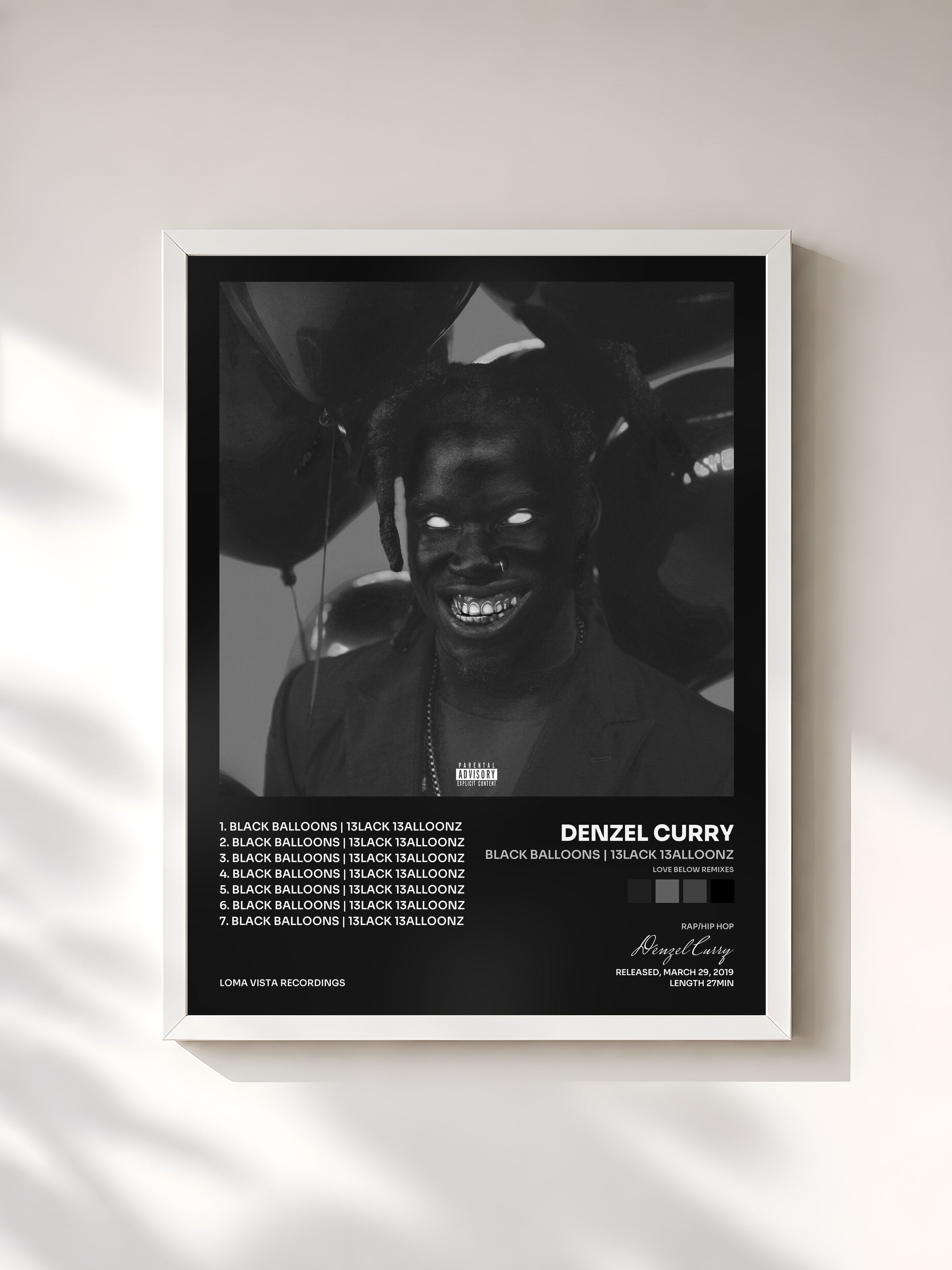 #blanc Tableau de l'album BLACK BALLOONS | 13LACK 13ALLOONZ (Love Below Remixes) de Denzel Curry, cadre blanc, imprimé et encadré en France
