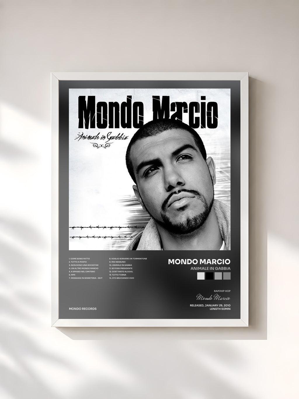 #blanc Animale in gabbia by Mondo Marcio as a framed art print, white frame, printed and framed in France